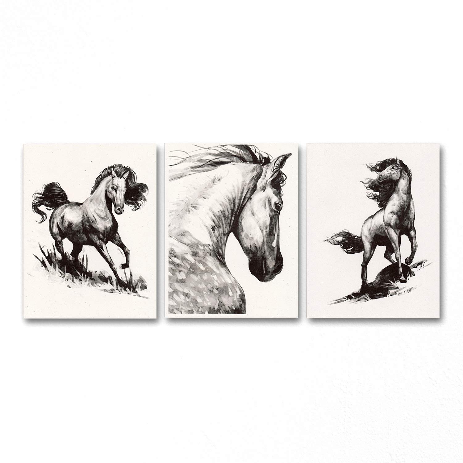 Libary Creations Equestrian Decor - Black and White Horse Art Prints | 8.5 x 11 Set of 3 | UNFRAMED