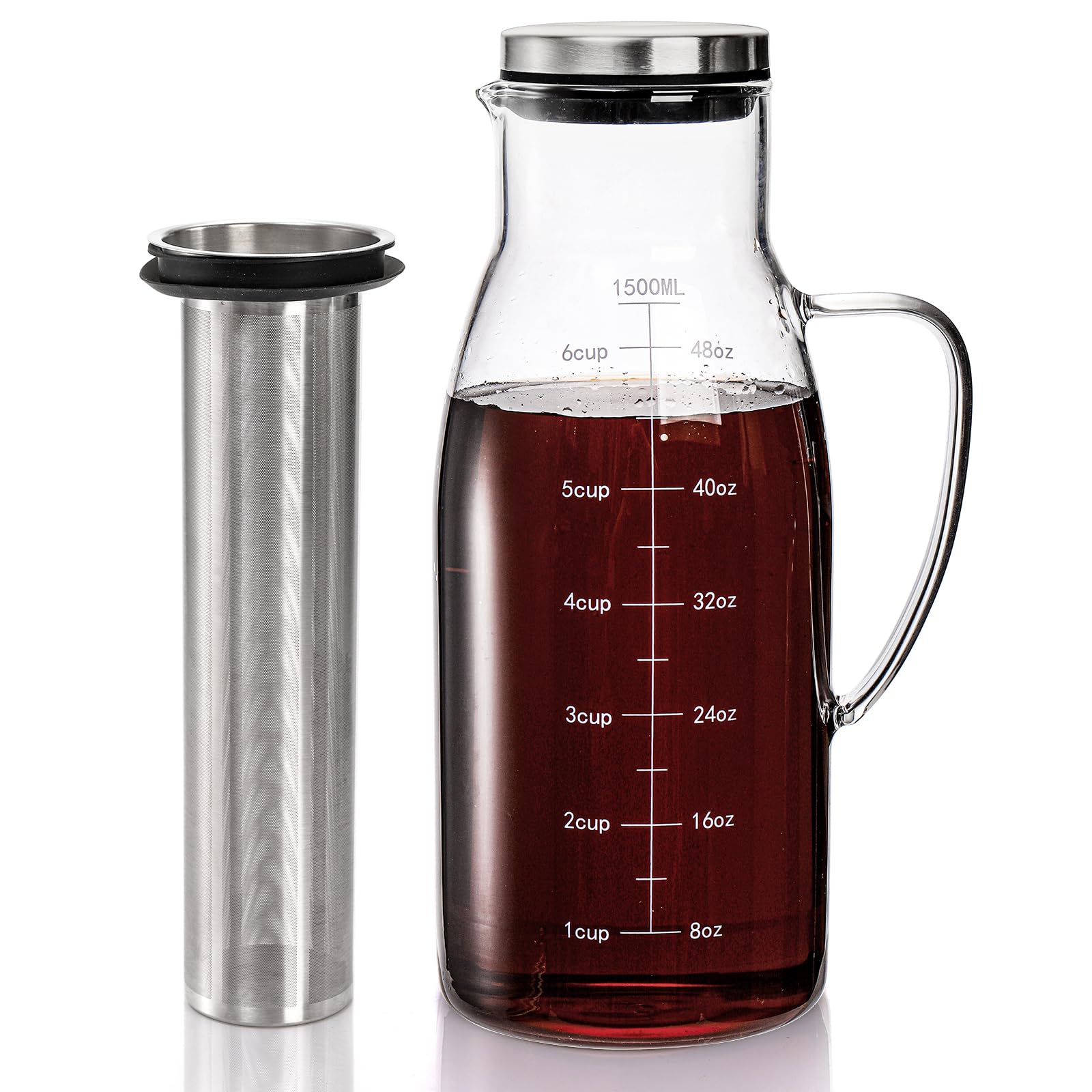 Tebery Jarra de café helado Cold Brew con filtro de acero inoxidable extraíble y tapa, jarra de vidrio de 1,5 L/1,445.8 g con boquilla para café, té helado, bebidas de frutas, limonada