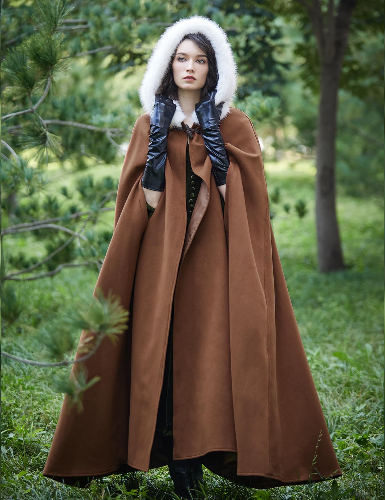BEAUTELICATE Women Hooded Cape Coat Long Wool Cloak with Hood Vintage Overcoat Plus Size for Winter Wedding Bride Medieval Halloween Christmas Cosplay Costume 140cm - Image 3