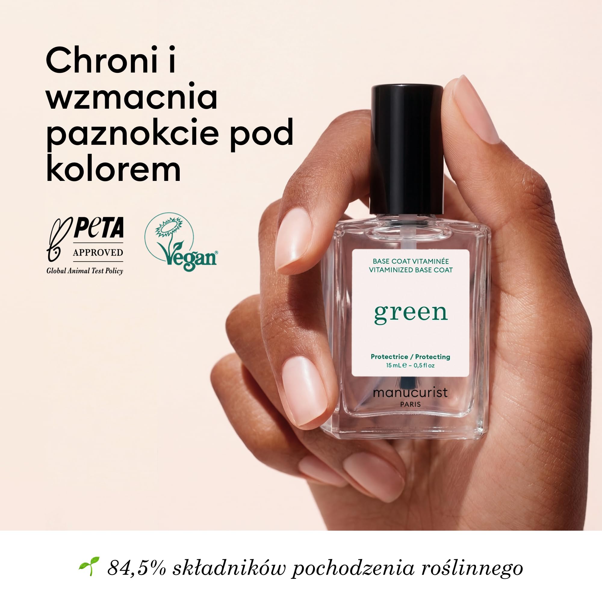 Manucurist - Witaminowa Base Coat Green, Primer do Paznokci 84.5% Naturalnego Pochodzenia, Patentowany Kompleks KeraHCE+, Wegańska, Made in France - 15 ml
