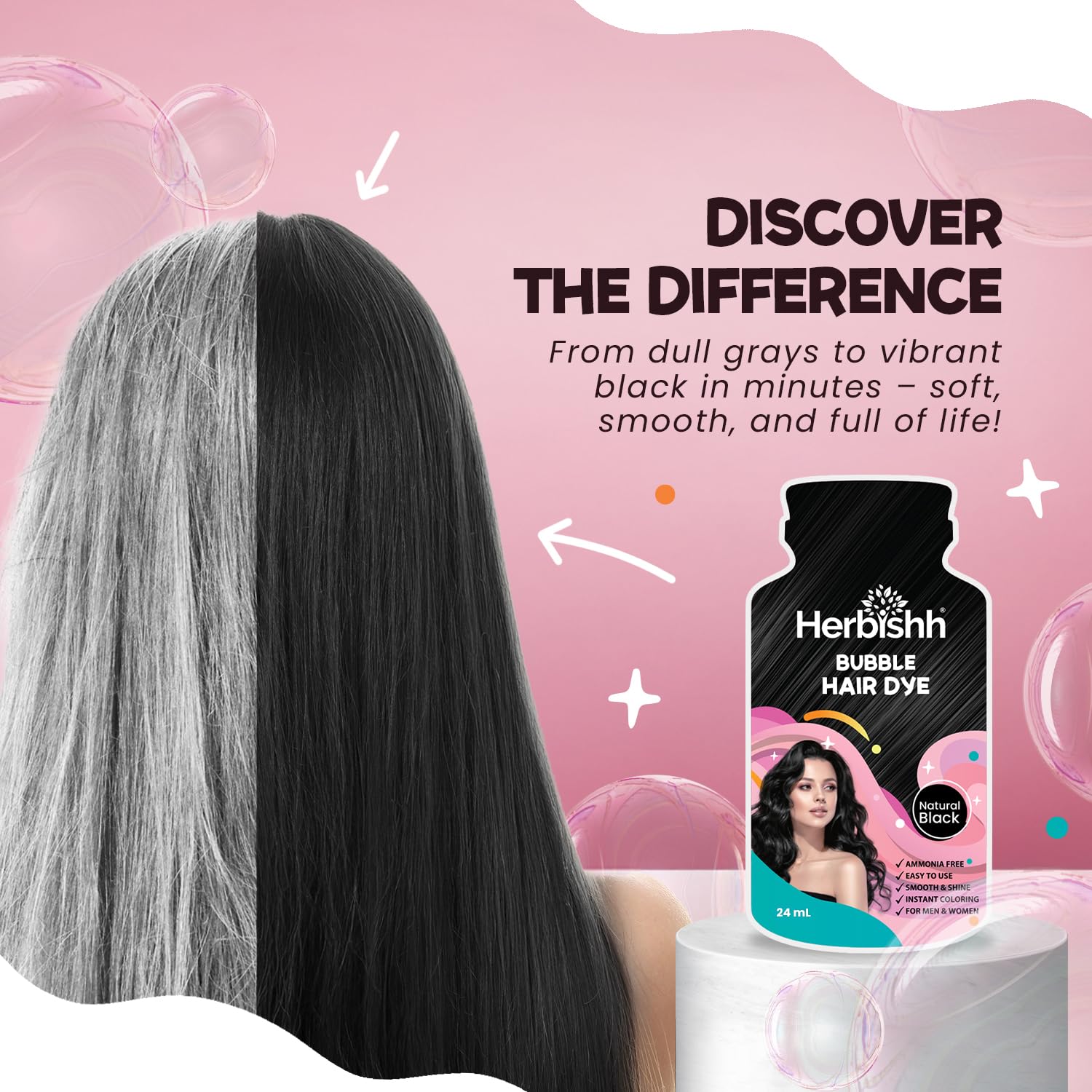 Herbishh Bubble Foam Hair Dye Shampoo, 3 in 1 Dye for 100% Grey Coverage, Permanent & Instant Hair Coloring for Men & Women, Long-lasting & Travel-friendly, Ammonia-free, 10 Sachet x 24 ml (Black)