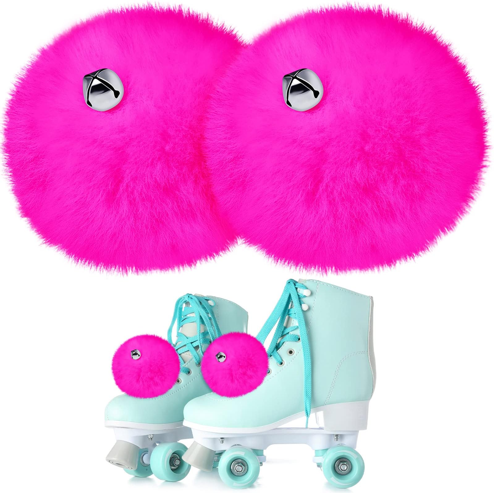 Sumind 2 Pieces Roller Skate Pom Poms with Jingle Bells for Women Girls Princess Fluffy Tie-on Roller Skate Pom Poms Fuzzy Pom Poms for Quad Roller Skate Accessories (Rose Red,8 cm)
