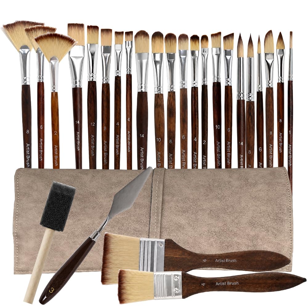 26 Pcs Professional Paint Brush Set, Foldable Suede Leather Storage Bag | acrylic paint b…