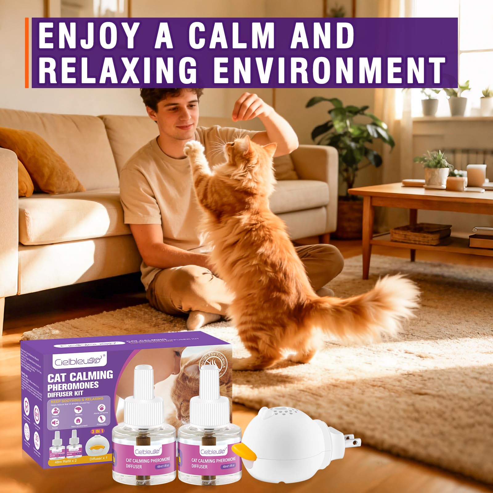 Cielbleu Diffuseur Pheromones Chat 60Jours Diffuseur Anti Stress Chat Aide à Réduire Les Griffades, Les Pipis et Les Miaulements (1 Diffuseurs + 2 Recharges 48 ML)