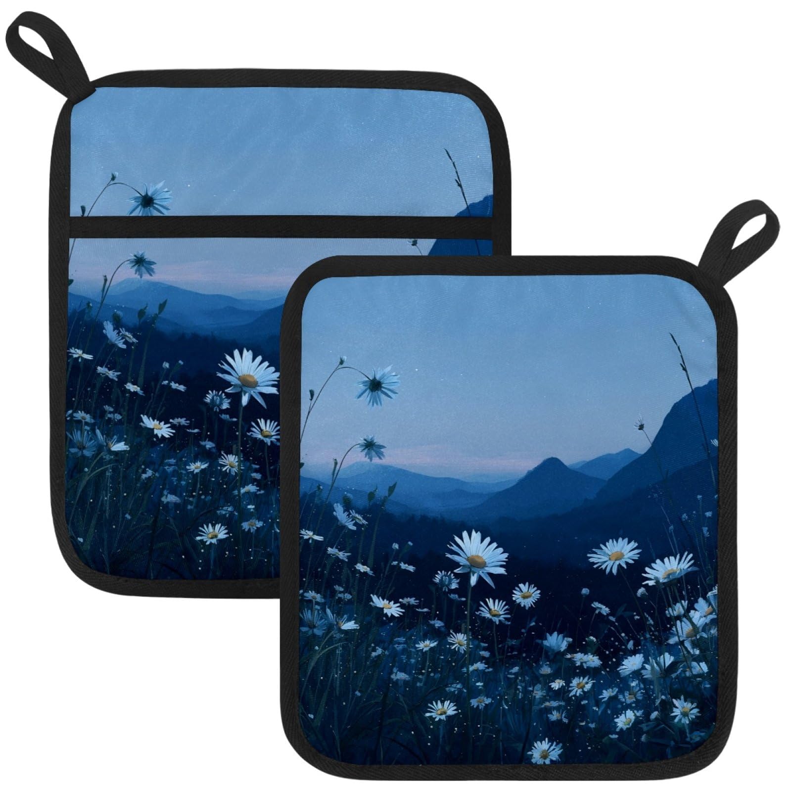 VAPOKF Daisies Flower Heat Resistant Pot Holders, Thick Pot Holders Pad with Hanging Loop for Kitchen, Oven Cloth Pads for Kitchen Baking Microwave Oven