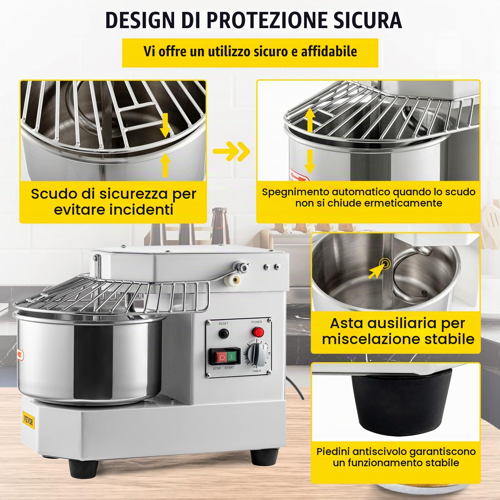 VEVOR Robot da cucina impastatrice, Impastatrice in acciaio inox 8L ca., Potenza nominale 550 W, Velocità 159 giri/min, Vasca in acciaio inox, Impastatrice timer per panifici, ristoranti, pizzerie