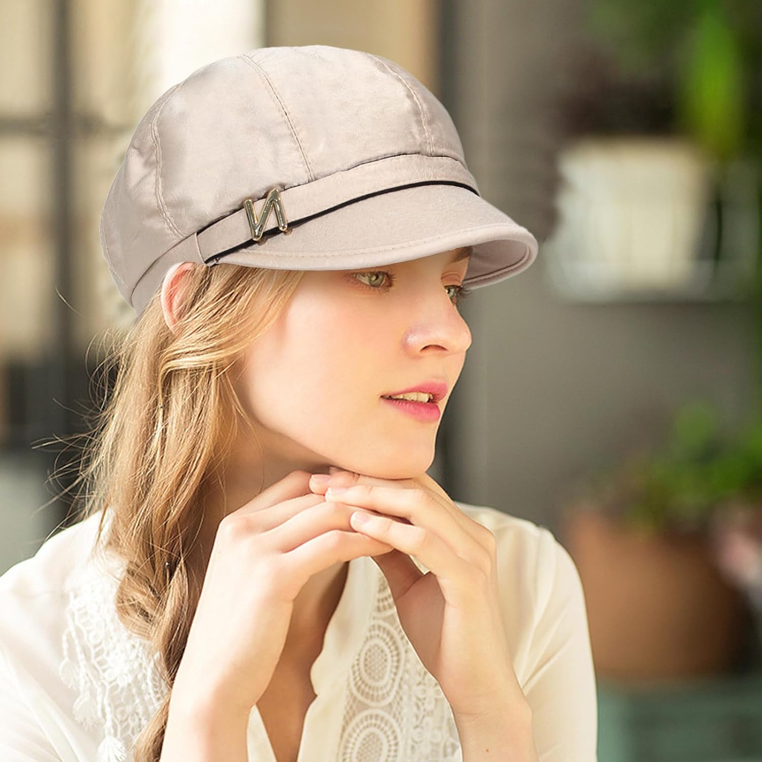 Women Retro Classic Visor Newsboy Cabbie Cap Beret Hats with Flower Buckle for Woman Ladies - Image 5