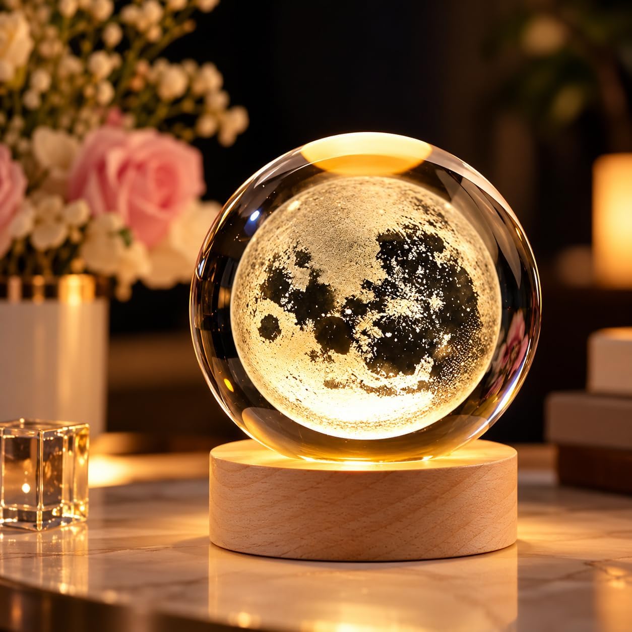 Desidiya Moon Crystal Ball Night Light, 3.5 Inch Glass Ball Night LED Lamp with Woodern Base,Decorations Gifts for Men,Women,Kids,Boys,Girls | Gifts for Woman | Valentine Gift for Girlfriends