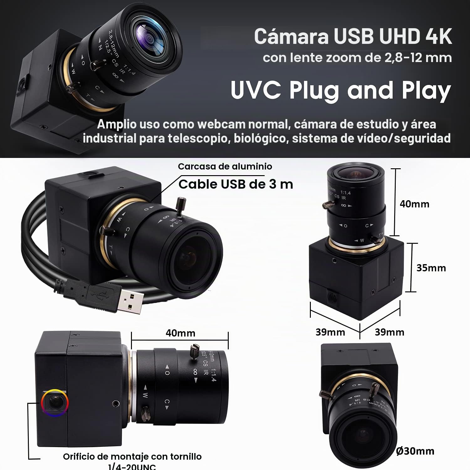 Svpro Webcam 4K USB Ultra HD con objetivo zoom 2.8-12 mm, enfoque manual, 3840 x 2160 30 fps, sensor IMX415, UVC Plug & Play para Mac/Windows/Linux/Android