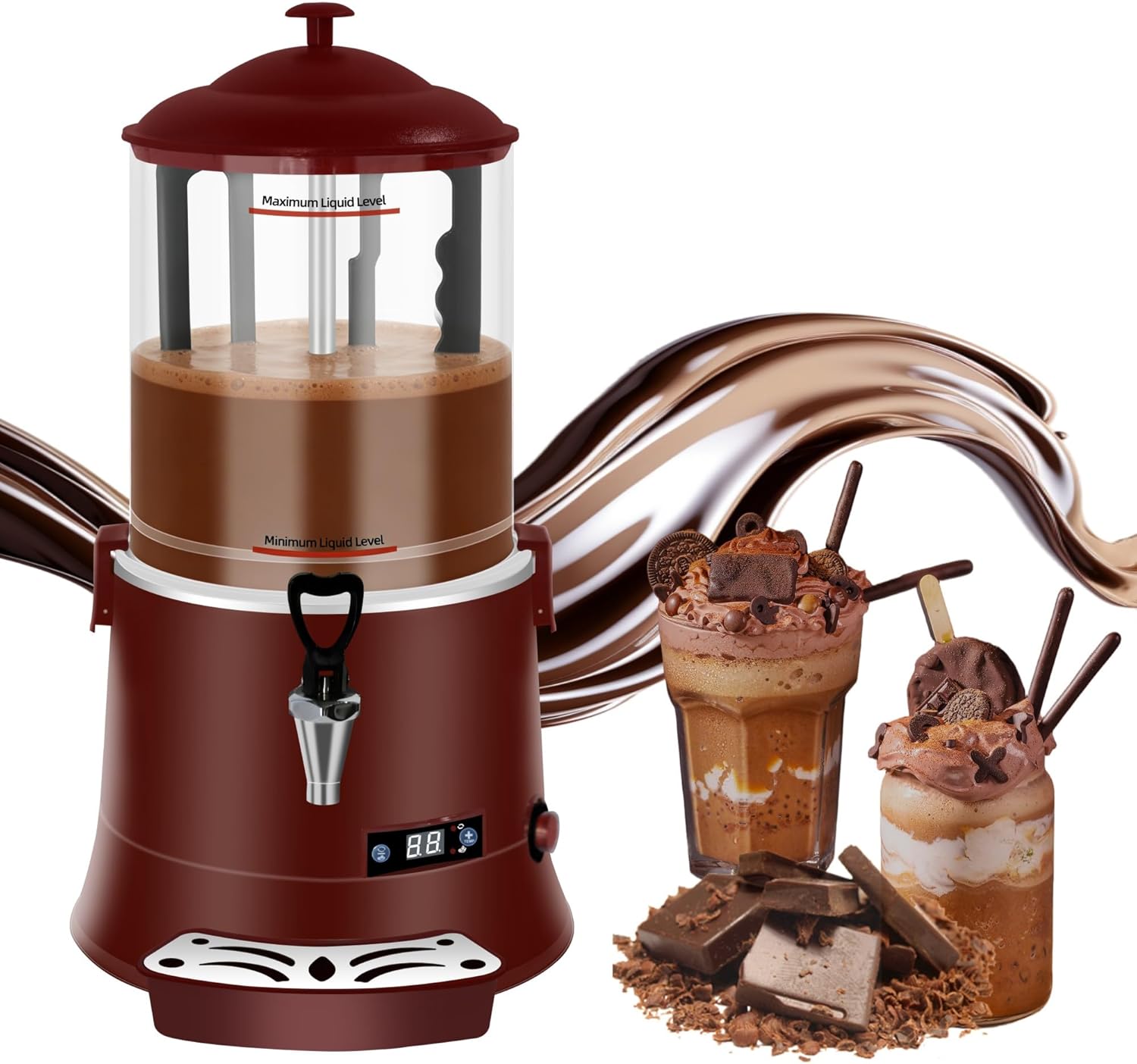 Commercial Hot Chocolate Machine - 10L/2.6Gal Hot Chocolate Maker, Electric Hot Drink Dispenser, 86-194°F Temperature Control Hot Beverage Maker for Cocoa, Milk, Coffee, Juice - Red