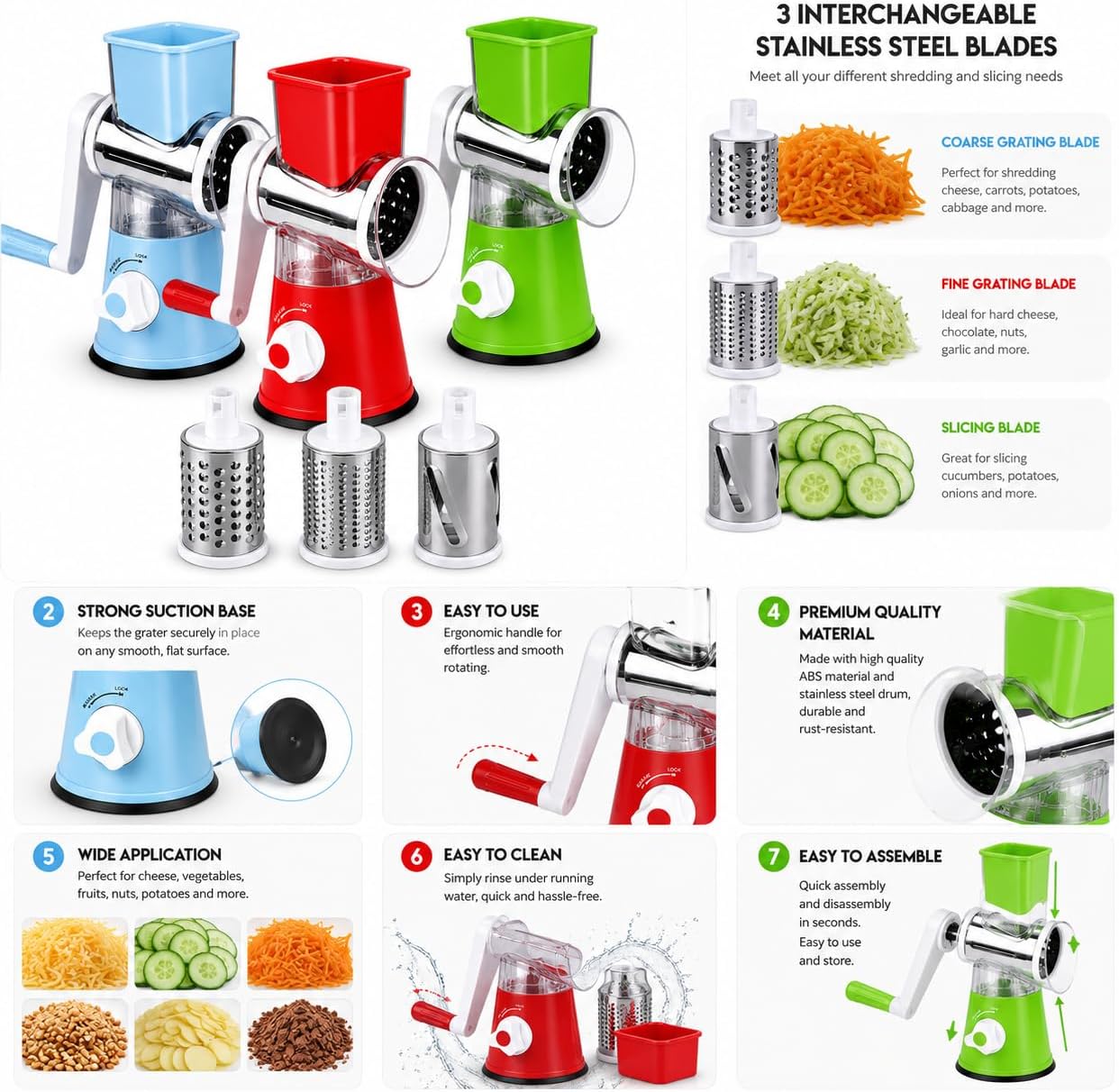 Rotary Cheese Grater with 3 Stainless Steel Interchangeable Blades, Hand Crank Manual Cheese Shredder & Vegetable Slicer, Strong Suction Base for Cheese, Carrots, Potatoes, Cucumbers, Nuts & Chocolate