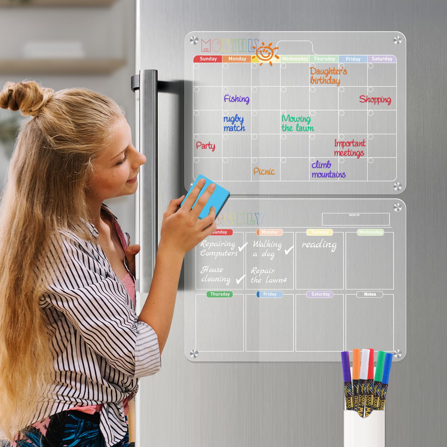 Hivillexun 2-Pack Acrylic Magnetic Dry Erase Boards Set - Stay Organized on Your Refrigerator, Wall, and Fridge with Monthly, Weekly, 6 Markers and 1 Eraser