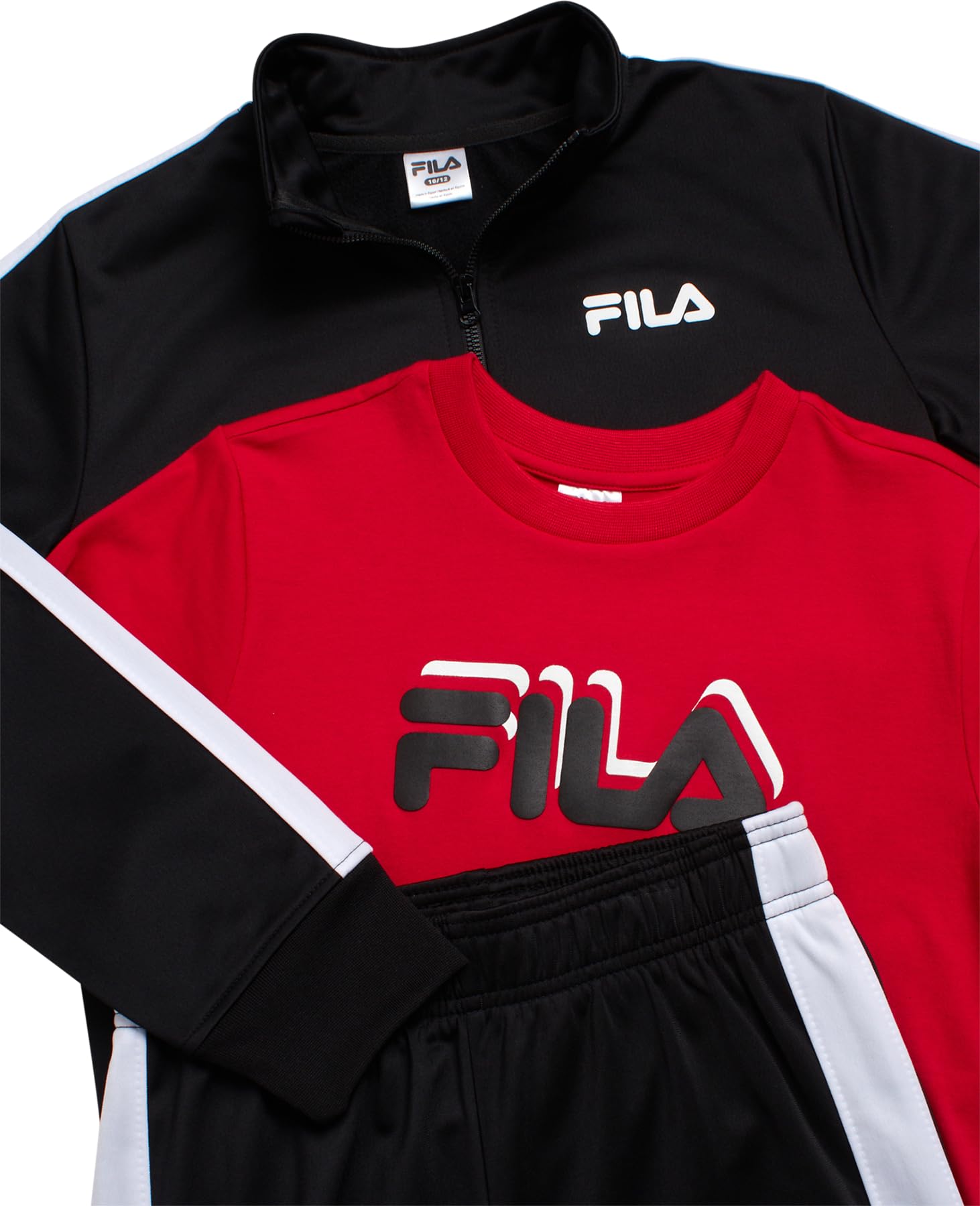 Fila Conjunto de chándal para niños, 3 piezas, camisa atlética de manga corta, chaqueta de tricot, pantalones deportivos para niños pequeños y niños