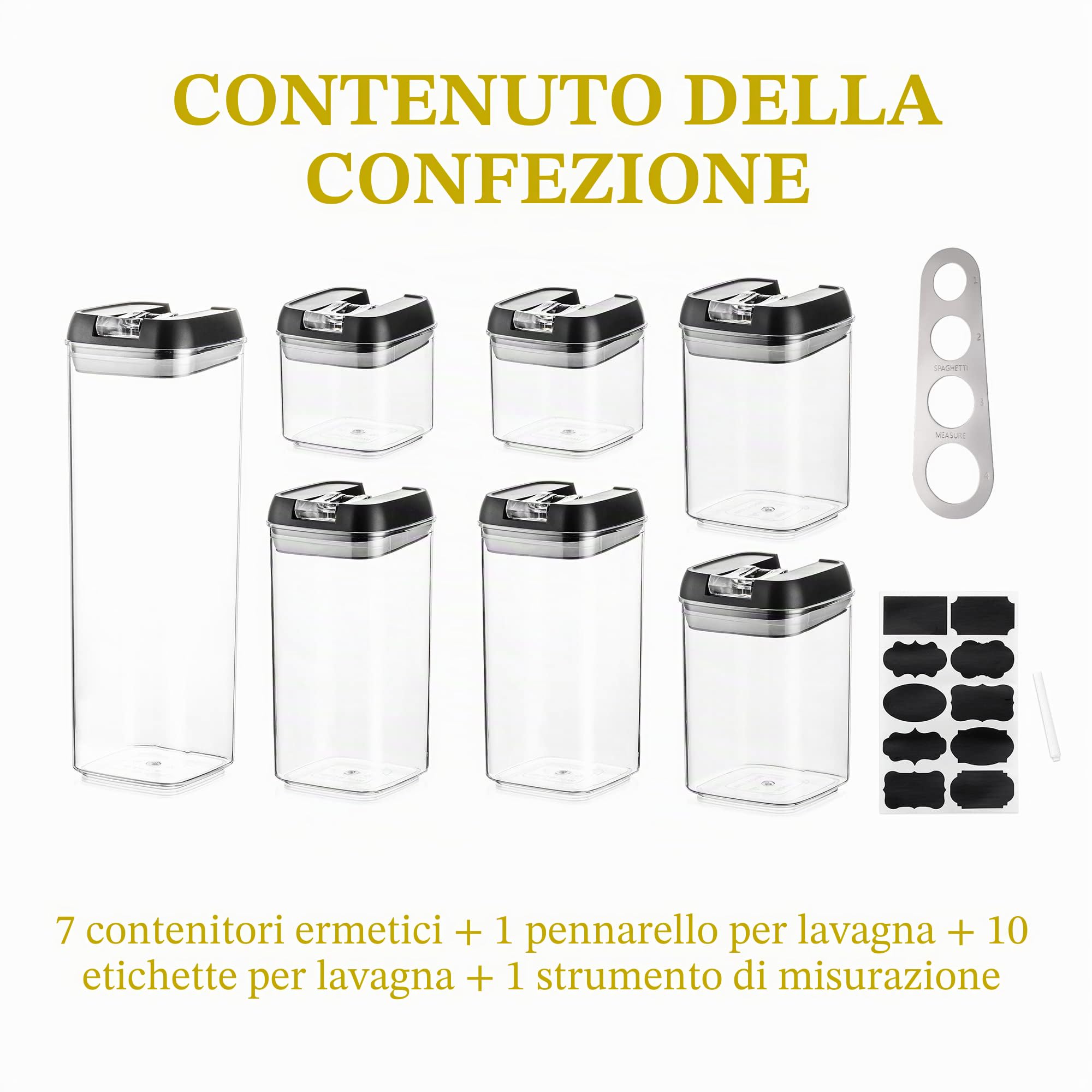 Set di 7 contenitori per cucina con coperchio nero facile impilabile, per spaghetti cereali