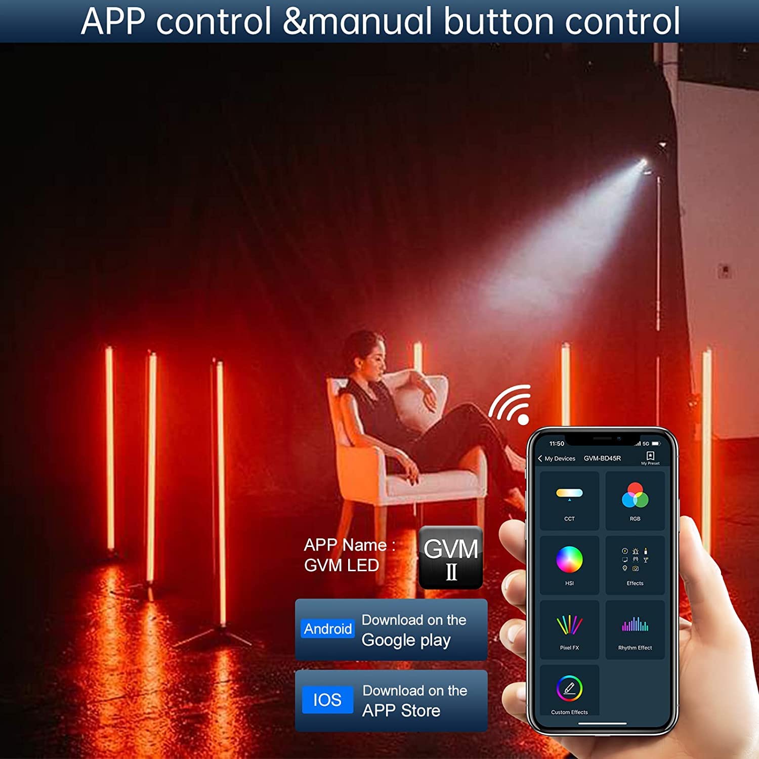 GVM LED Video Lichtstab, 120cm 45W 2700K-10000K RGB Fotografie Lichtstab, Studiolicht Video Beleuchtung für Fotografie Studio Video Film YouTube TikTok, 12 Lichteffekte und 6 Pixel Effekte, DMX/APP