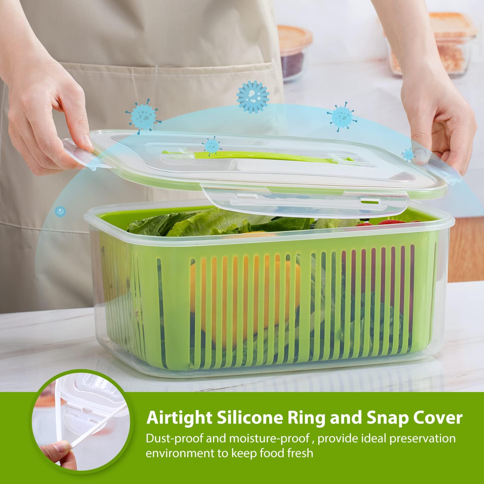 Luxear Set di 5 Contenitori Frigorifero con Scolapasta e Coperchio, Verde | Contenitore Plastica Senza BPA per Alimenti Freschi Insalata Verdura Frutta Formaggio, Adatto al Microonde e Lavastoviglie