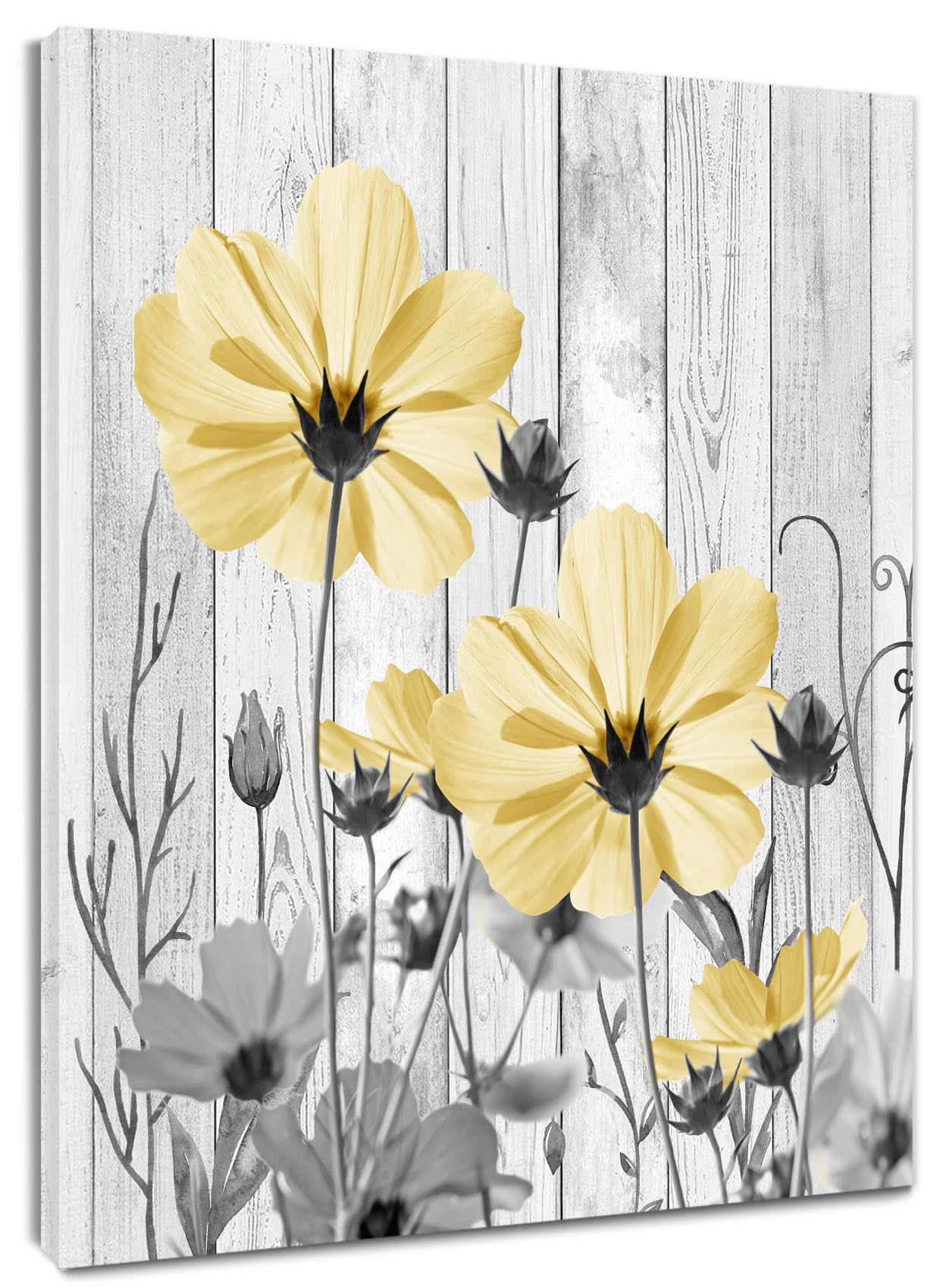 HVEST Yellow Floral Wall Art for Living Room,Gray and Yellow Vintage Flower Plant on Rustic Wood Boards Canvas Wall Art Country Wildflower Framed Wall Art for Bathroom Bedroom Wall Decor, 16X20 inches