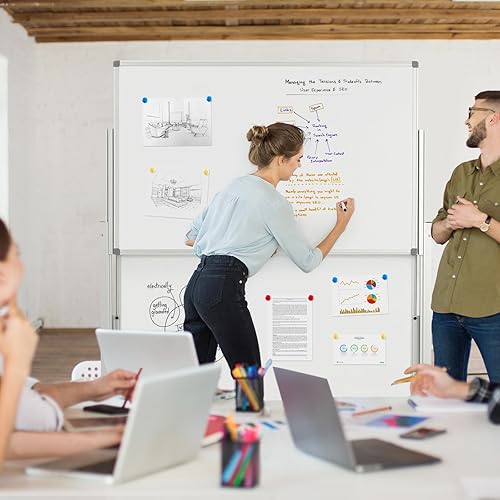 Miniatura 6 de MAKELLO Pizarra blanca con ruedas de 60 x 48 pulgadas, pizarra blanca magnética de doble cara para oficina, escuela y hogar, altura ajustable, marco