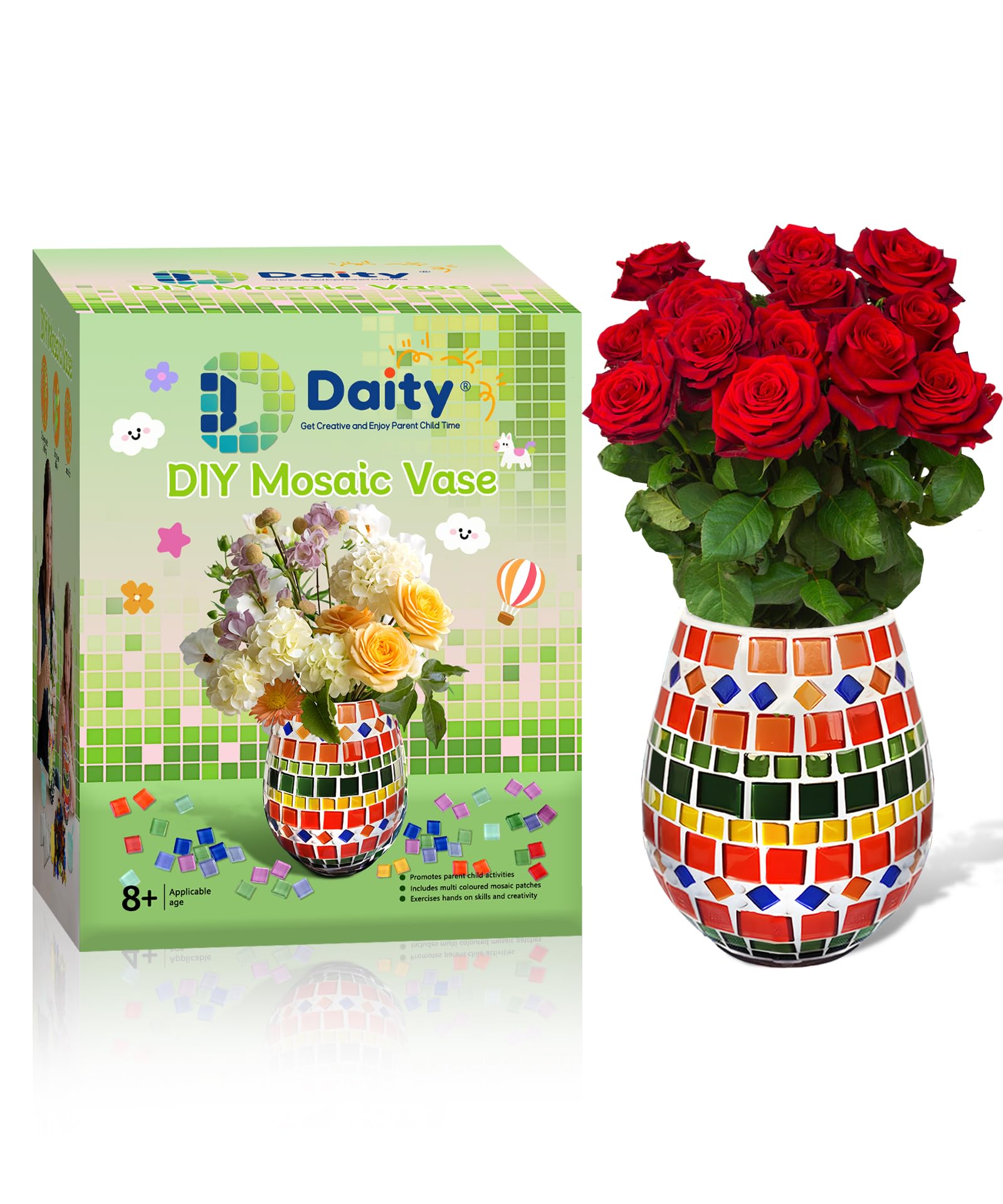 Daity Kit de Bricolage Mosaïque pour Enfants et Adultes Vase en Mosaïque de Verre Kit à Remplir d'Eau et de Terre Bricolage pour Filles de 8 à 10 Ans Cadeau d'Anniversaire pour Maman