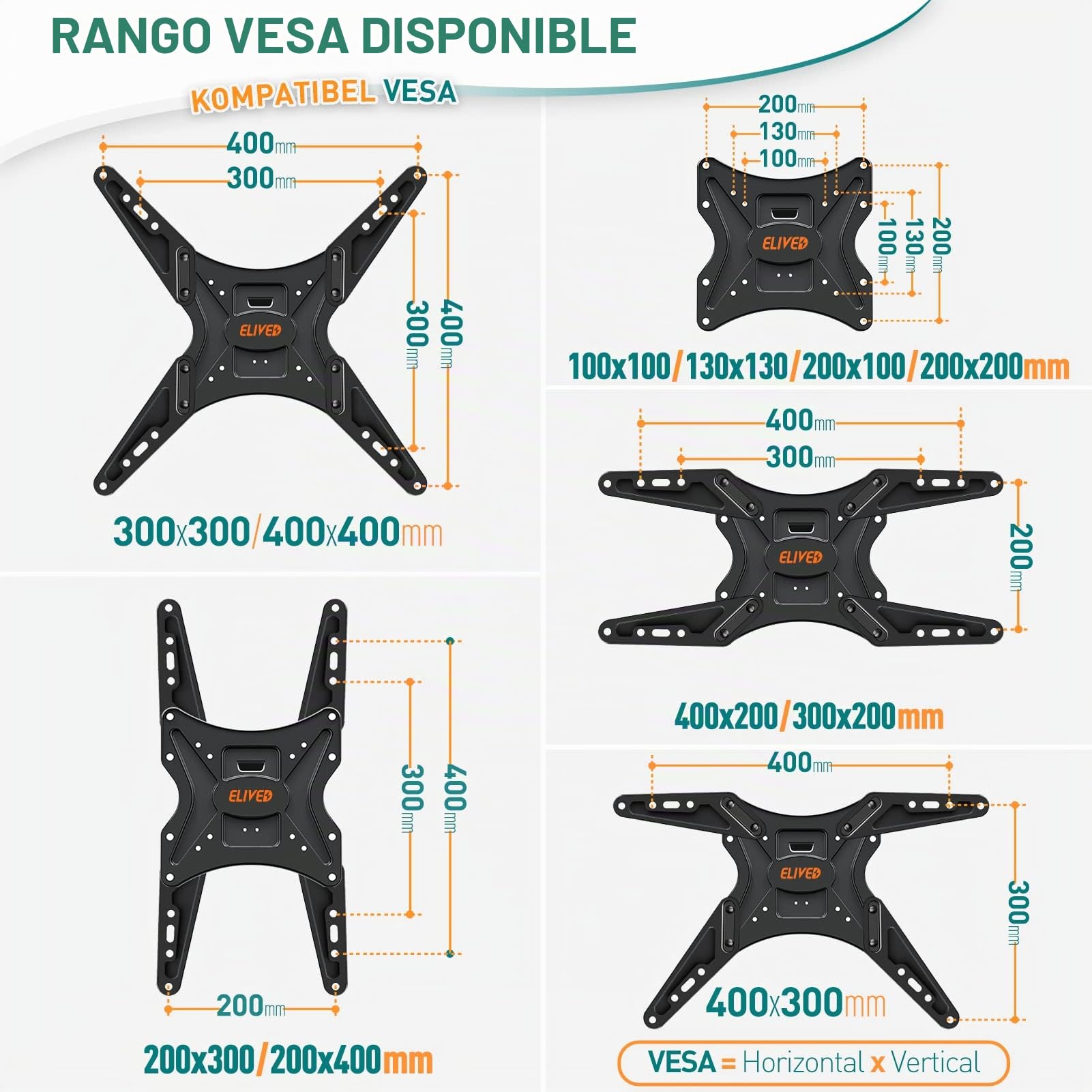 ELIVED Soporte de pared regulable en altura para la mayoría de televisores LED, LCD, OLED planos o curvados de 23 a 55" con VESA 100 x 100 mm-400 x 400 mm hasta 25 kg, soporte de ángulo de movimiento