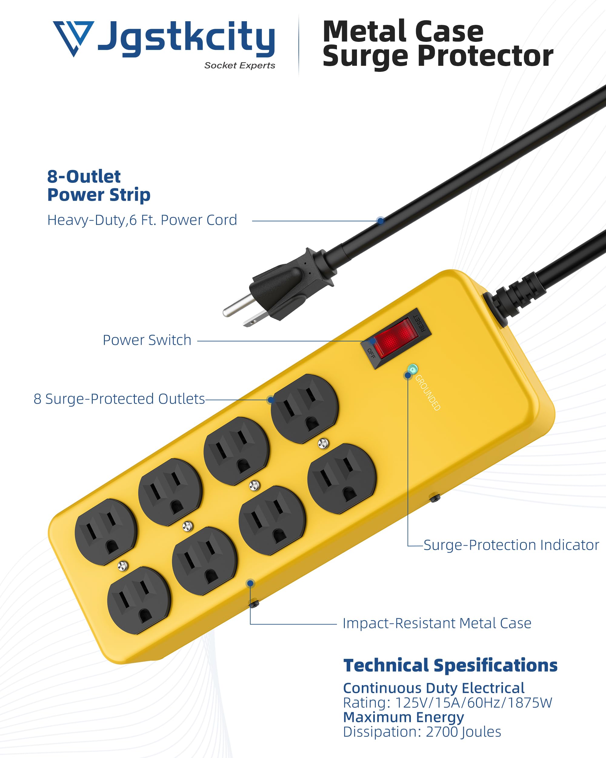 Tira de energía resistente, protector de sobretensiones de caja de metal pesado industrial, 8 salidas de CA, 15 amperios, 2700 julios, indicador protegido, cable de calibre 14 (amarillo, 6 pies de