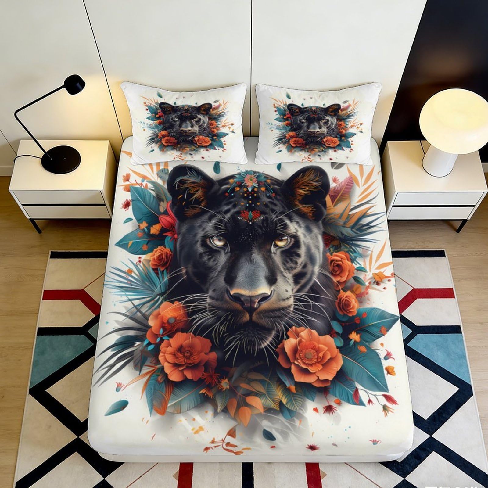 3D Printed Black Panther Fitted Sheet Microfiber Soft Breathable Floral Wildlife Bed Cover for Bedroom Dormitory Guest Room Mattress Protection 120x200x25cm