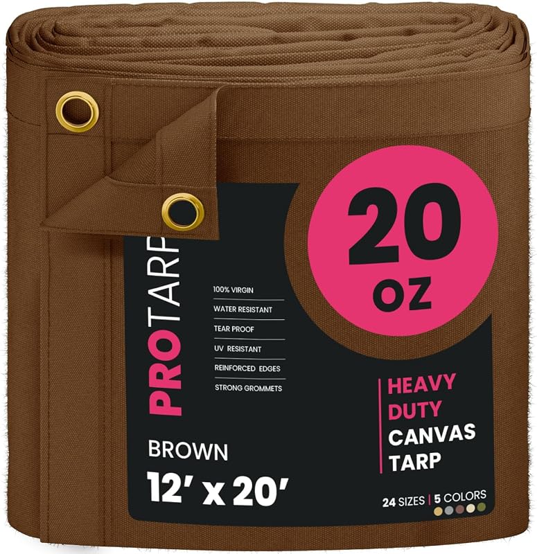 Extreme Heavy Duty 20 OZ Water Resistant Canvas Tarp, UV Resistant Tarpaulin Cover with Rustproof Brass Grommets, Multipurpose for Canopy, Roof, Camping, Woodpile (Brown 12'X20')