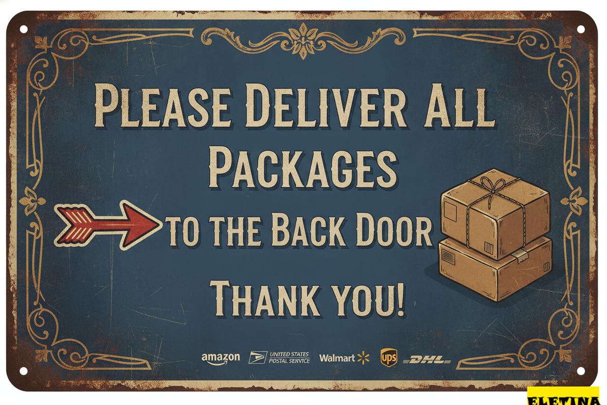 Tin Sign for Man Cave Package Delivery Back Door Piease Deliver Packages To Back Door Outdoor Porch Package Delivery Metal Slogan 12x8 Inch Private Property Decorative
