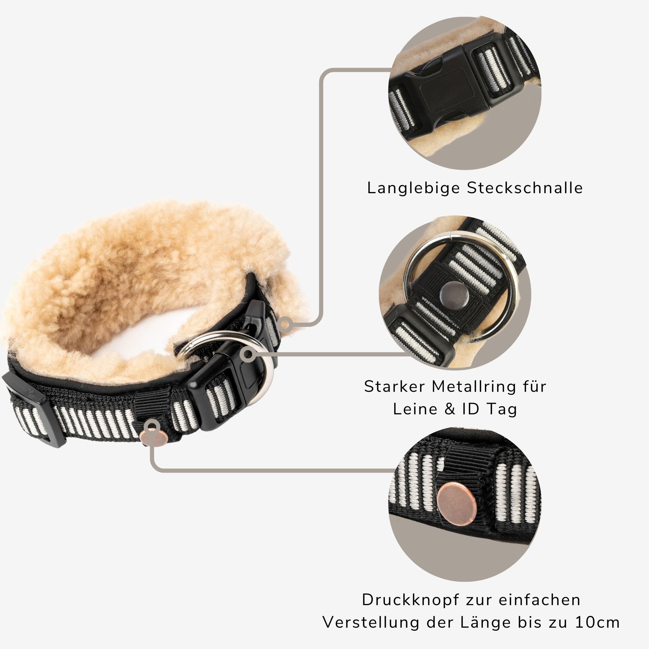 CHRIS innovatives Hundehalsband aus Lammwolle, Halsband vermindert erheblich Haarbruch, gepolstert, reflektierend, verstellbar, für kleine mittel große Hunde in M (35-45cm), L (45-55cm), XL (55-65cm)
