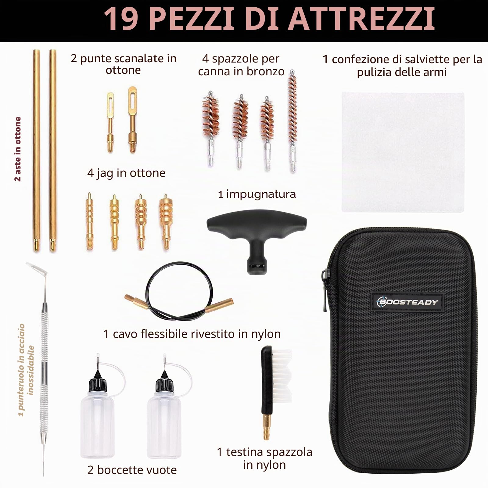 BOOSTEADY Kit di pulizia universale per pistole .22,.357,.38,9mm,.45 Calibro Pistola Kit di pulizia Spazzola in bronzo e adattatore Jag in ottone
