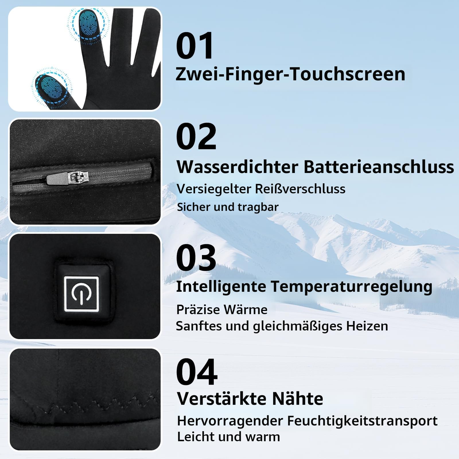 Beheizbare Handschuhe, Beheizte Handschuhe mit Heizung, Touchscreen, Ultradünn für Maximale Geschicklichkeit, Alleine oder als Innenhandschuhe Tragbar mit 7.4V 2200MAH Akku