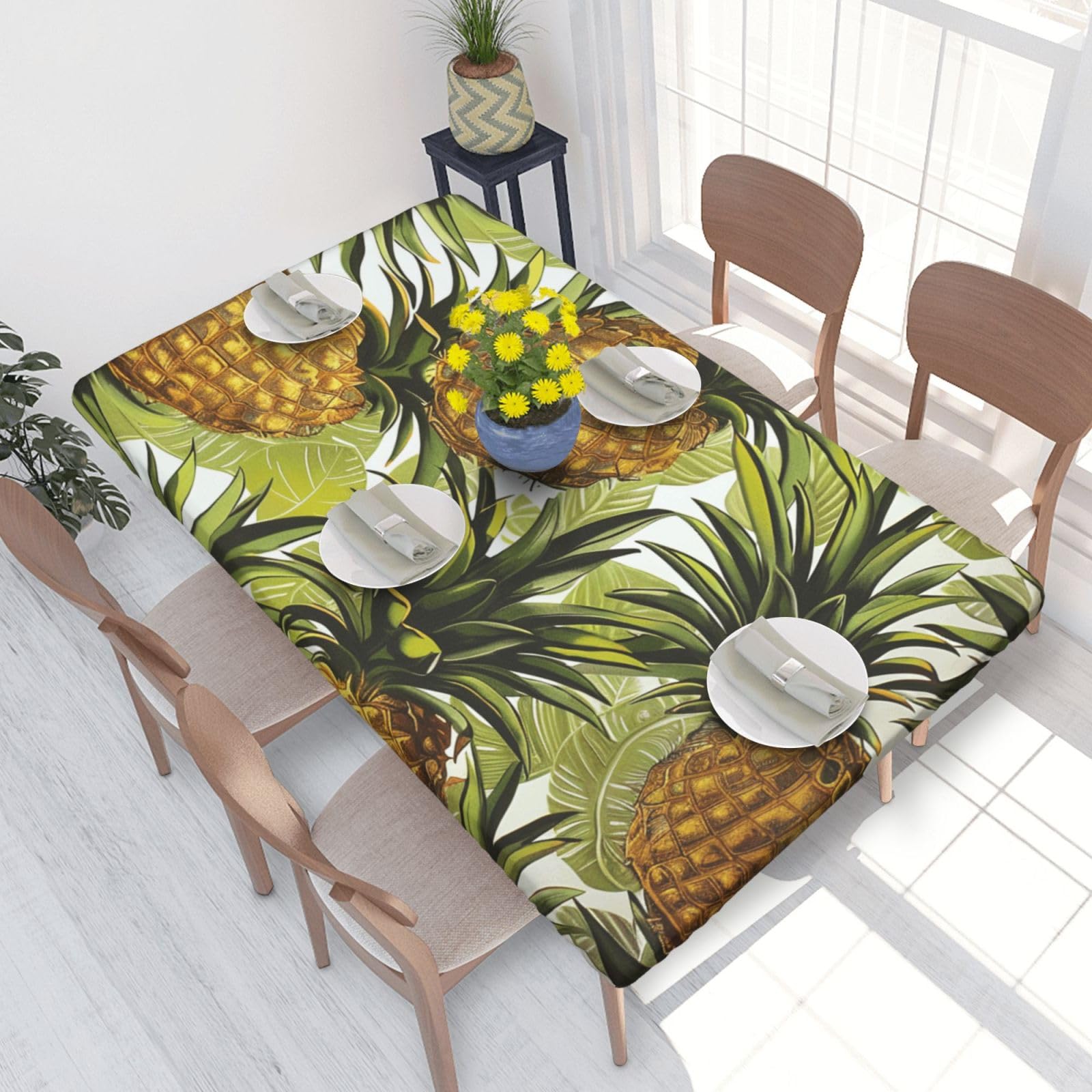 DCARSETCV Exotic Tropical Pineapples Printed 4FT Waterproof Tablecloth with Elastic Edged Protect & Decor Your Table, Oil-proof Washable Table Cloth Cover for Dinner Picnic Party
