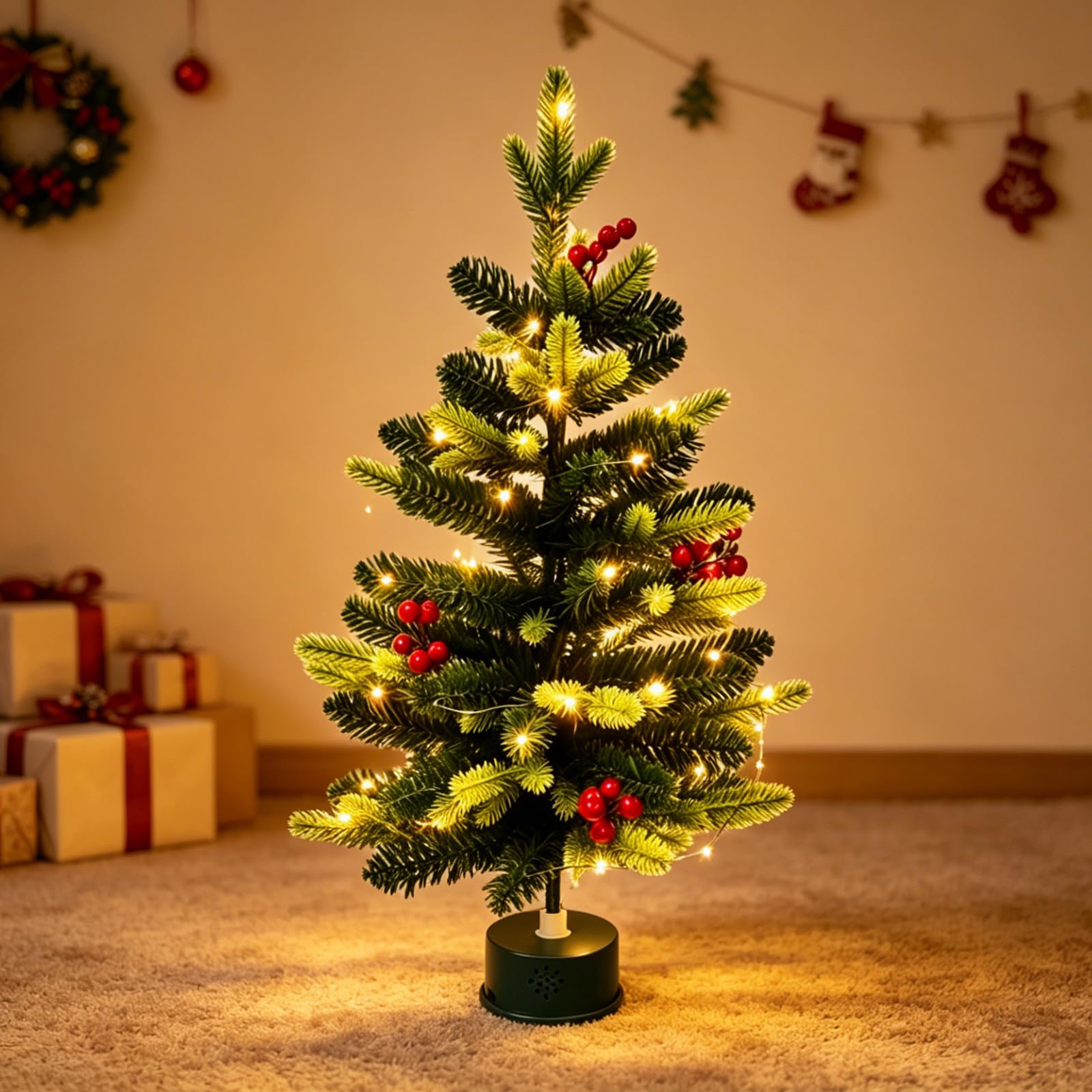 PANGBOER Girevole per Albero Natalizio da Tavolo con Luce Calda a Filo LED, funzioni Musicali e Timer per Decorazioni Natalizie, tavoli per Feste e vetrine Piccola Base per Albero Natale Rotante