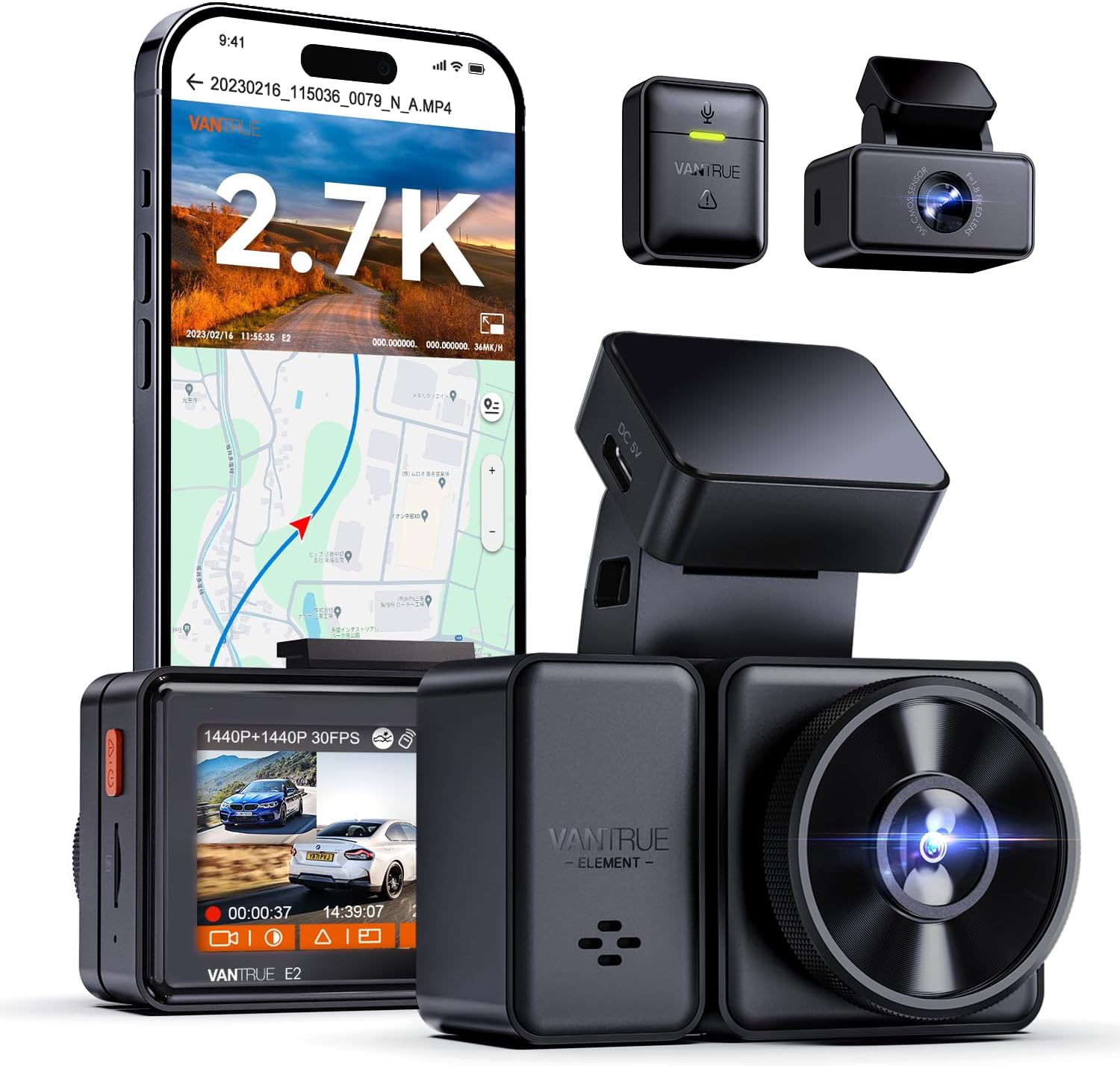 VANTRUE E2 ドライブレコーダー 前後2.7K 1944P+1944P 5.8GHzWiFi対応 GPS内蔵 暗視強化 160度広角 前後カメラ ドラレコ WDR Ｇセンサー 緊急録画 ループ録画 駐車監視 動体検知 リモコン付き TELEC認証済 1TBメモリーカード対応(別売)