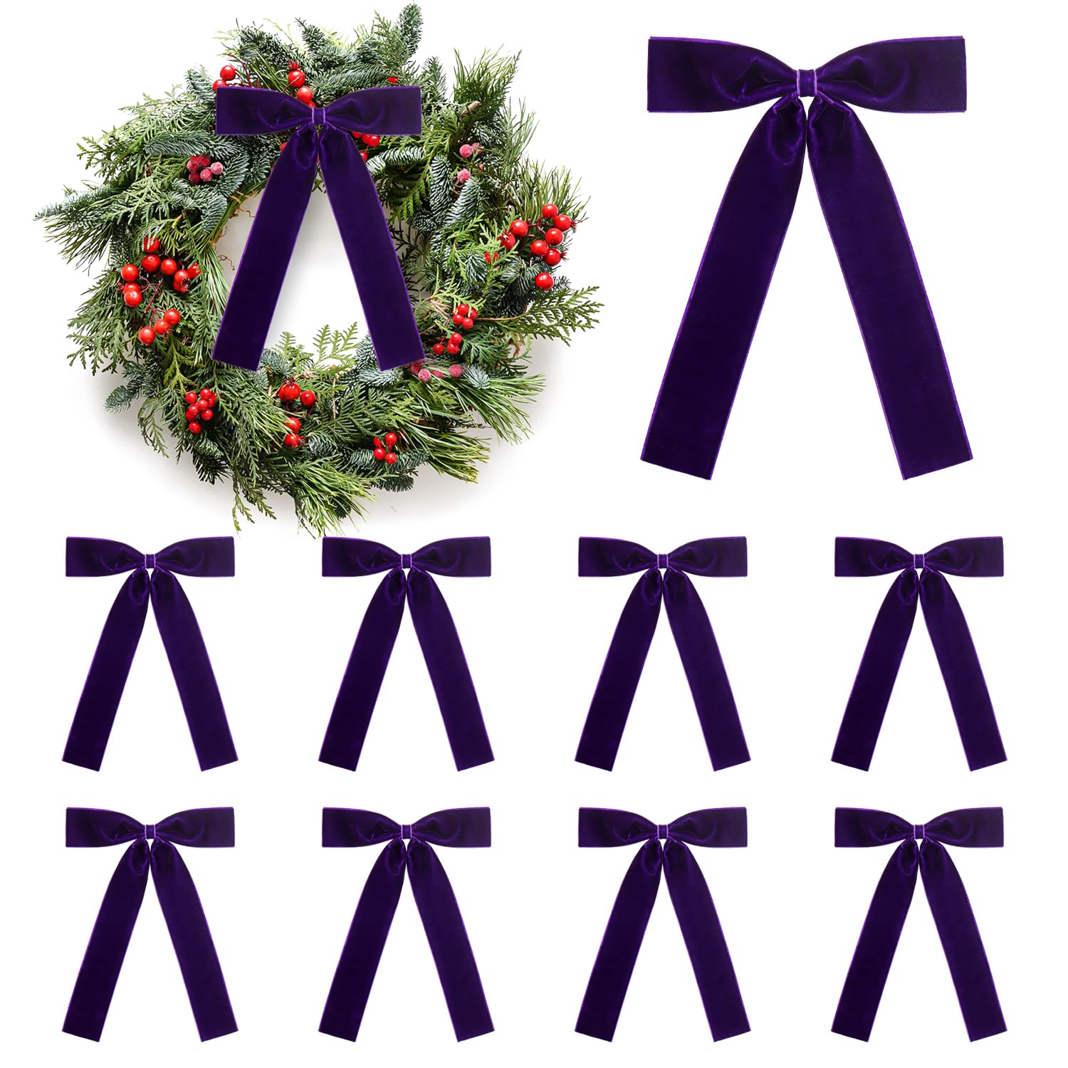 Kunjocy 10 Pcs Christmas Velvet Bows, 6.7×9.8 Inch Rustic Velvet Christmas Ornaments Christmas Vintage Velvet Ribbon Bows Pre-Tied Xmas Bows for Garlands Wreaths Gifts and Holiday Decor (Purple)