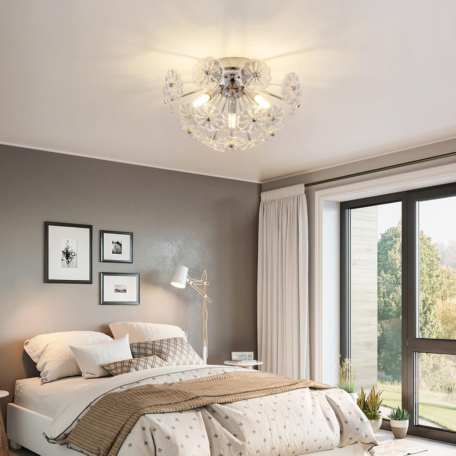 CM MZY Modern Flush Mount Ceiling Light Fixtures, Chrome Flower Shape Chandeliers, 3-Light Farmhouse Close to Ceiling Lamp Fixture for Bedroom Closet Kitchen Living Room Hallway(Dia 13.8")