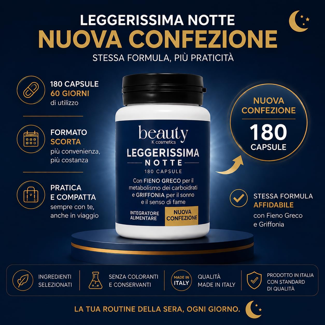 Leggerissima Notte Integratore Alimentare Notturno in Capsule, 180 Capsule | Supporto al Controllo del Peso, Benessere Notturno, Con Griffonia, Fieno Greco e Mate