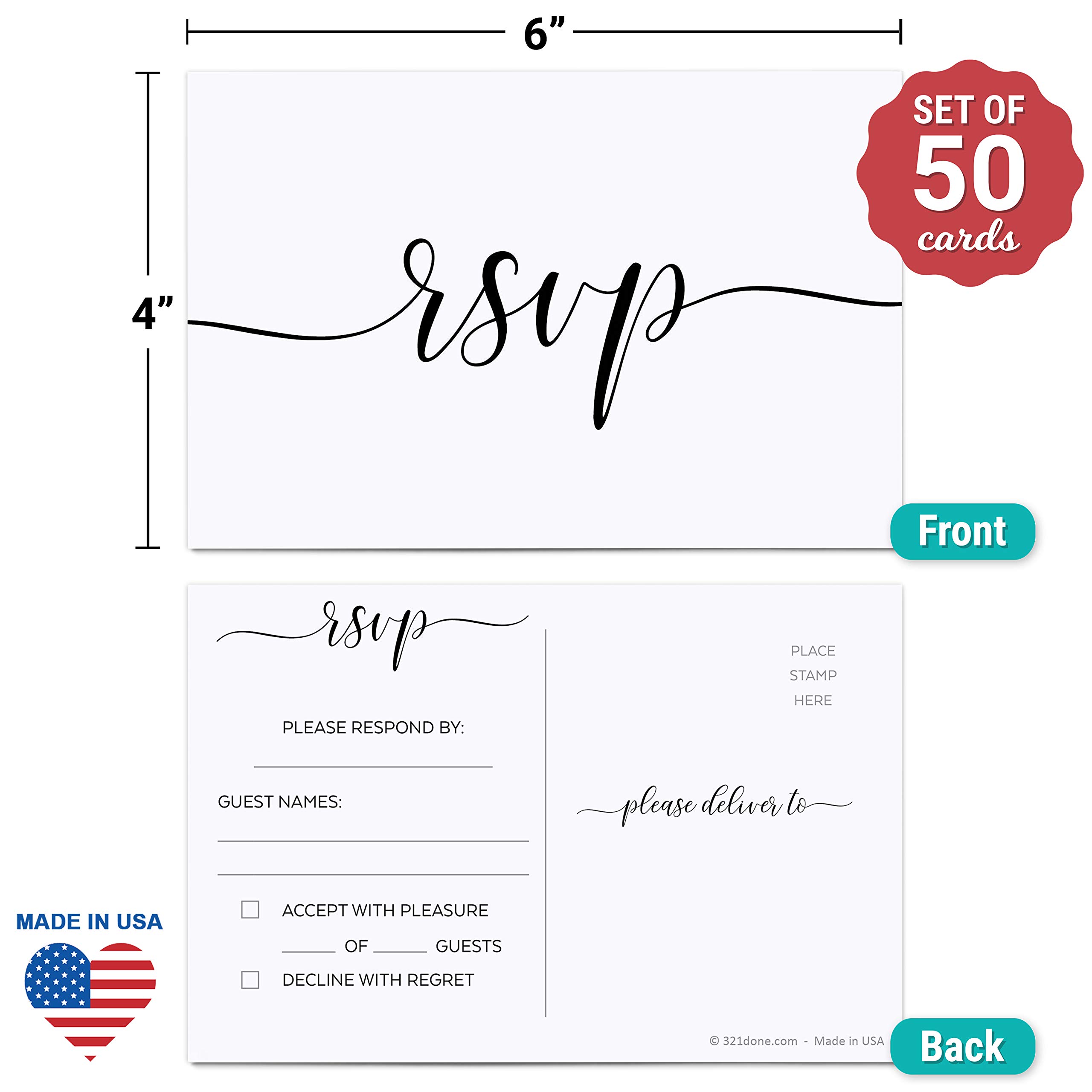321Done RSVP Postkarten weiß (50 Stück) 4 x 6 große Blanko-Gäste, USPS Postamt Adresskarten für Hochzeit, Brautparty, Babyparty, hergestellt in den USA – formelle elegante Schrift