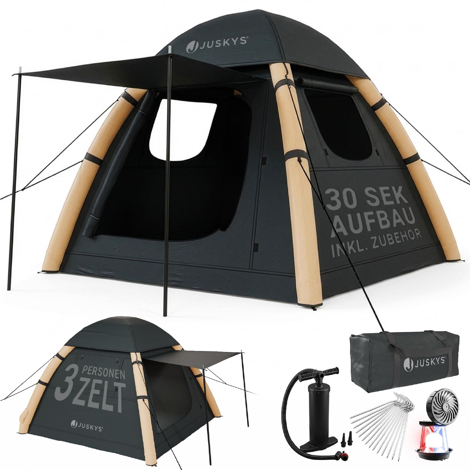 JUSKYS® Luftzelt EasyFlow M/L - aufblasbares Camping Zelt mit Vordach, wasserdicht, UV-Schutz LSF 50, inklusive LED-Lampe & Zubehör