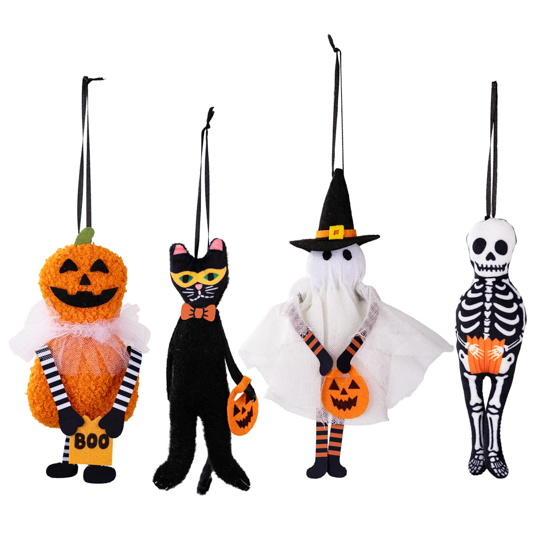 Hbbgdiy 4PCS Hanging Halloween Tree Ornaments, Spooky Pumpkin, Skeleton, Black Cat & Ghost Decorations for Indoor Outdoor Halloween Party & Home Decor