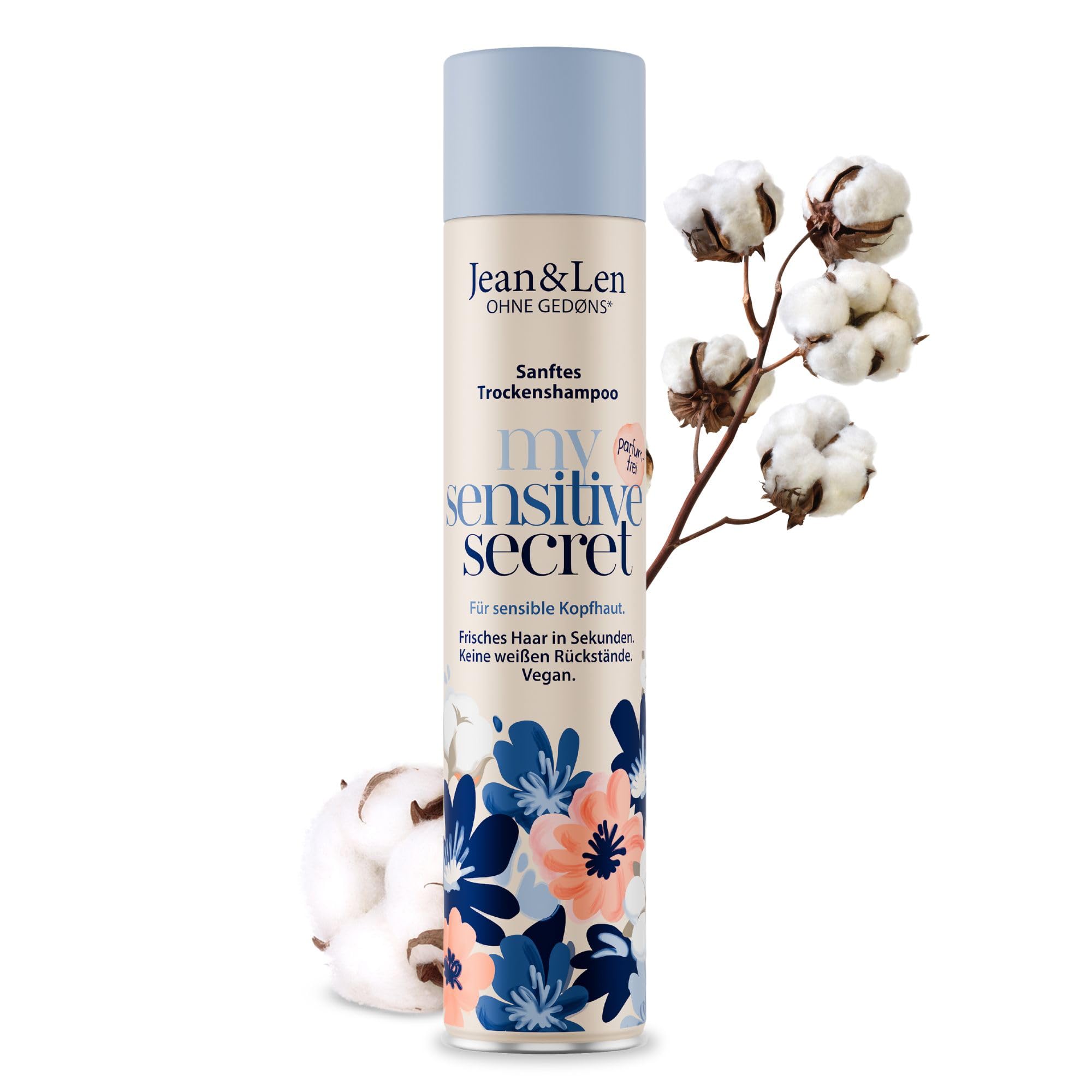 Jean & Len Trockenshampoo sensibles Köpfchen, Baumwoll-Extrakt & Panthenol, fetthaltige Ansätze, weißer Schleimfree, duf