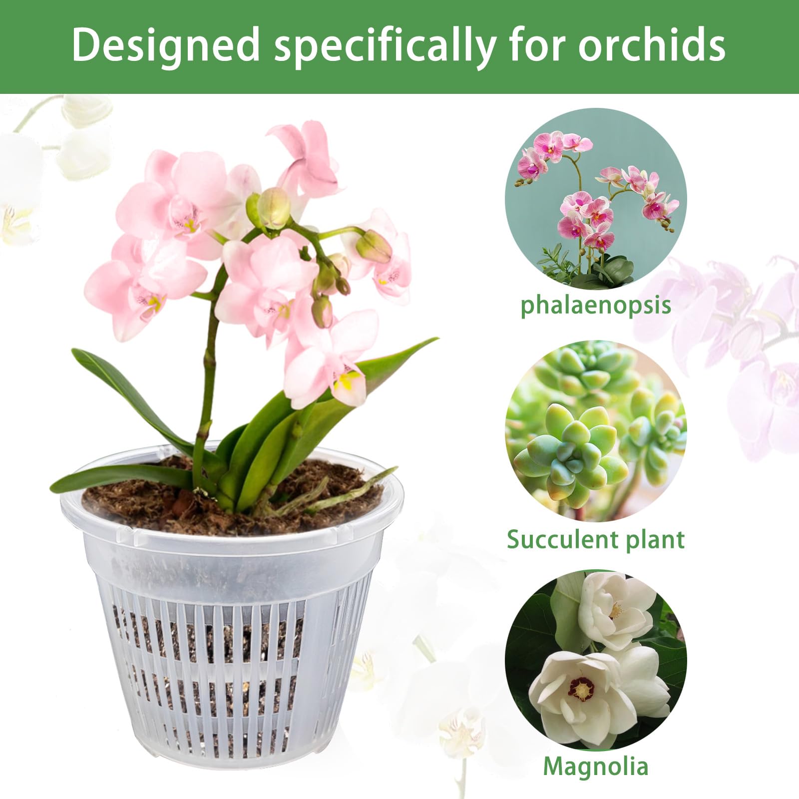 DESOMINOR Confezione da 4 vasi trasparenti per orchidee, 12,2 cm, 14,2 cm, 17,7 cm, in plastica, con fori e piattini, vasi per vivaio per kit di rinvaso di orchidee (4, 14,2 cm