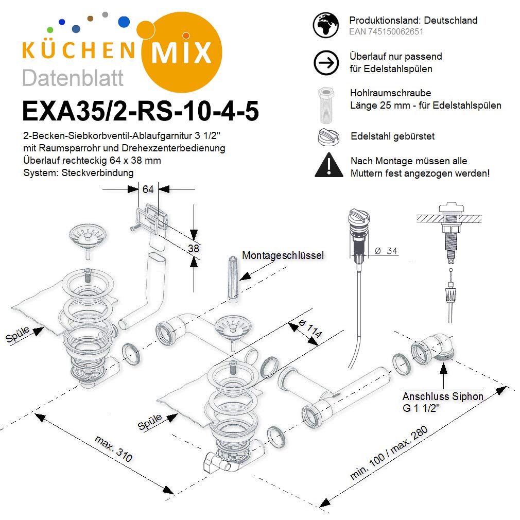Spülenablauf 3 1/2" für Doppelbecken mit Überlauf rechteckig 2 x Siebkorbventil Ø 114 mm Ablaufgarnitur EXA35/2-RS-10-4-5 mit Drehexcenter Auswahl Edelstahl gebürstet