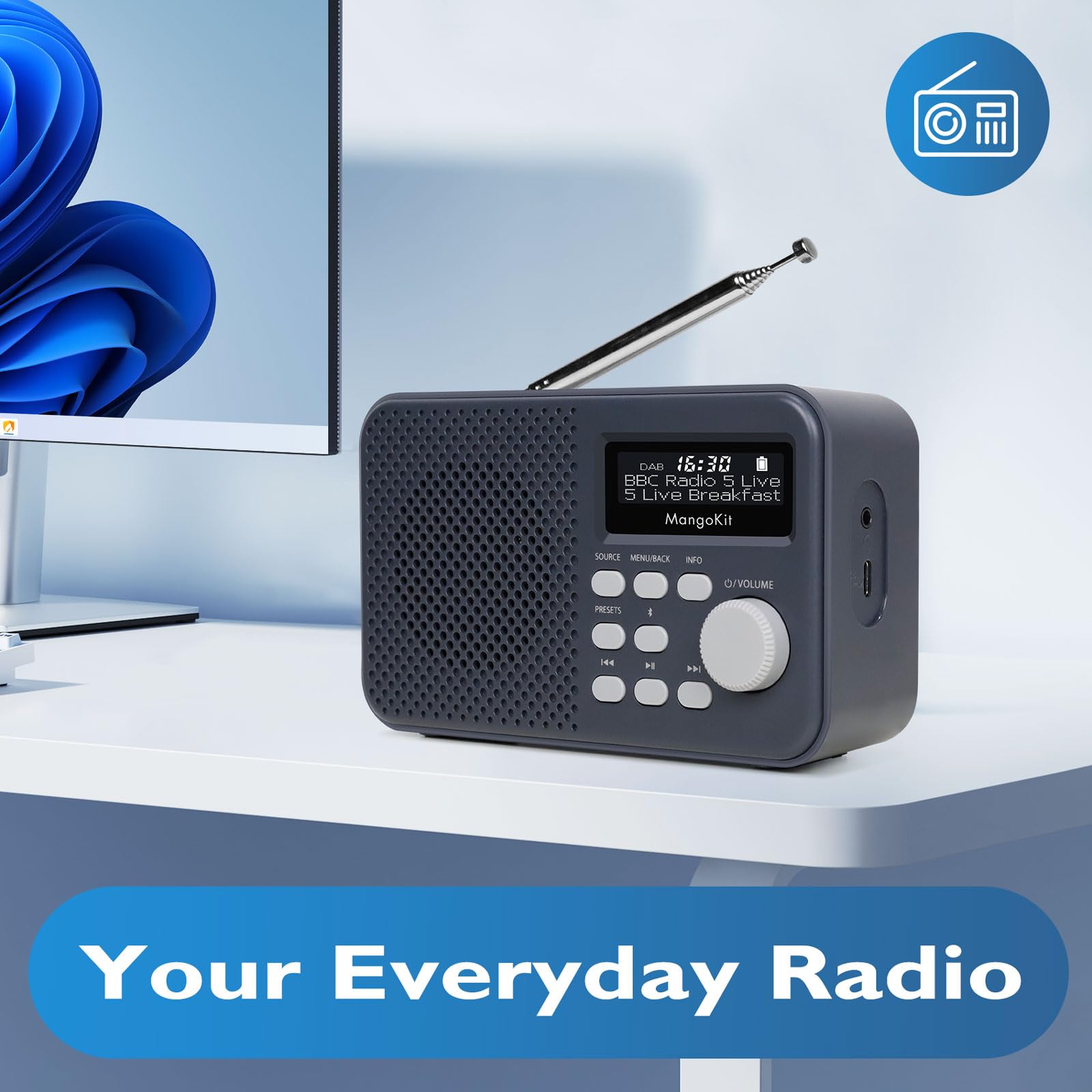 MD2-Plus Radio Dab/Dab+/FM Portable - Diffusion Bluetooth, 40 présélections, Grand écran LCD, Alimentation Secteur ou Piles, Prise Casque, Radio compacte pour Chevet ou Cuisine