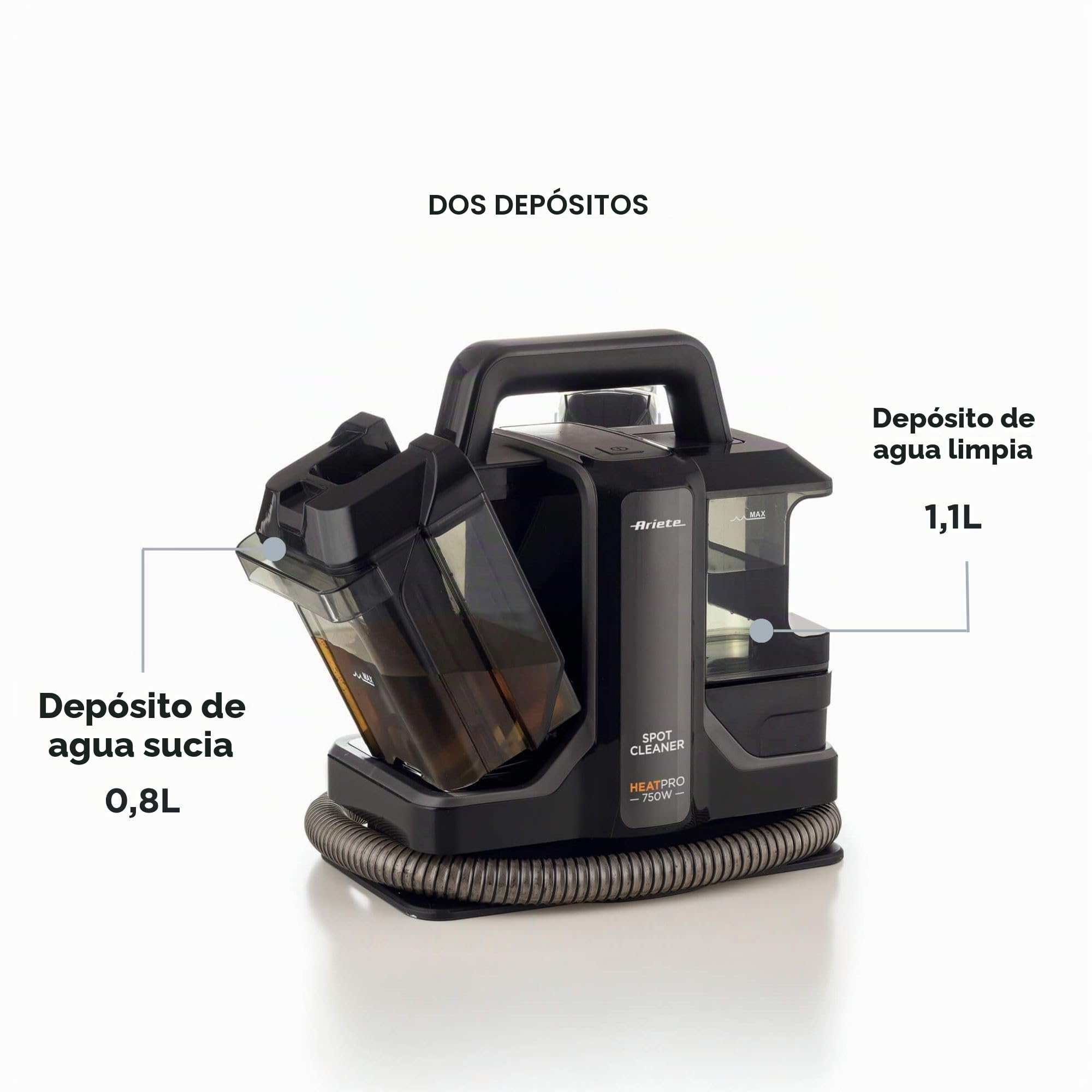 Ariete 2482 Spot Cleaner Heat Pro 750 W, limpiador para alfombras y tapicerías, mopa, 750 W, 2 depósitos, negro