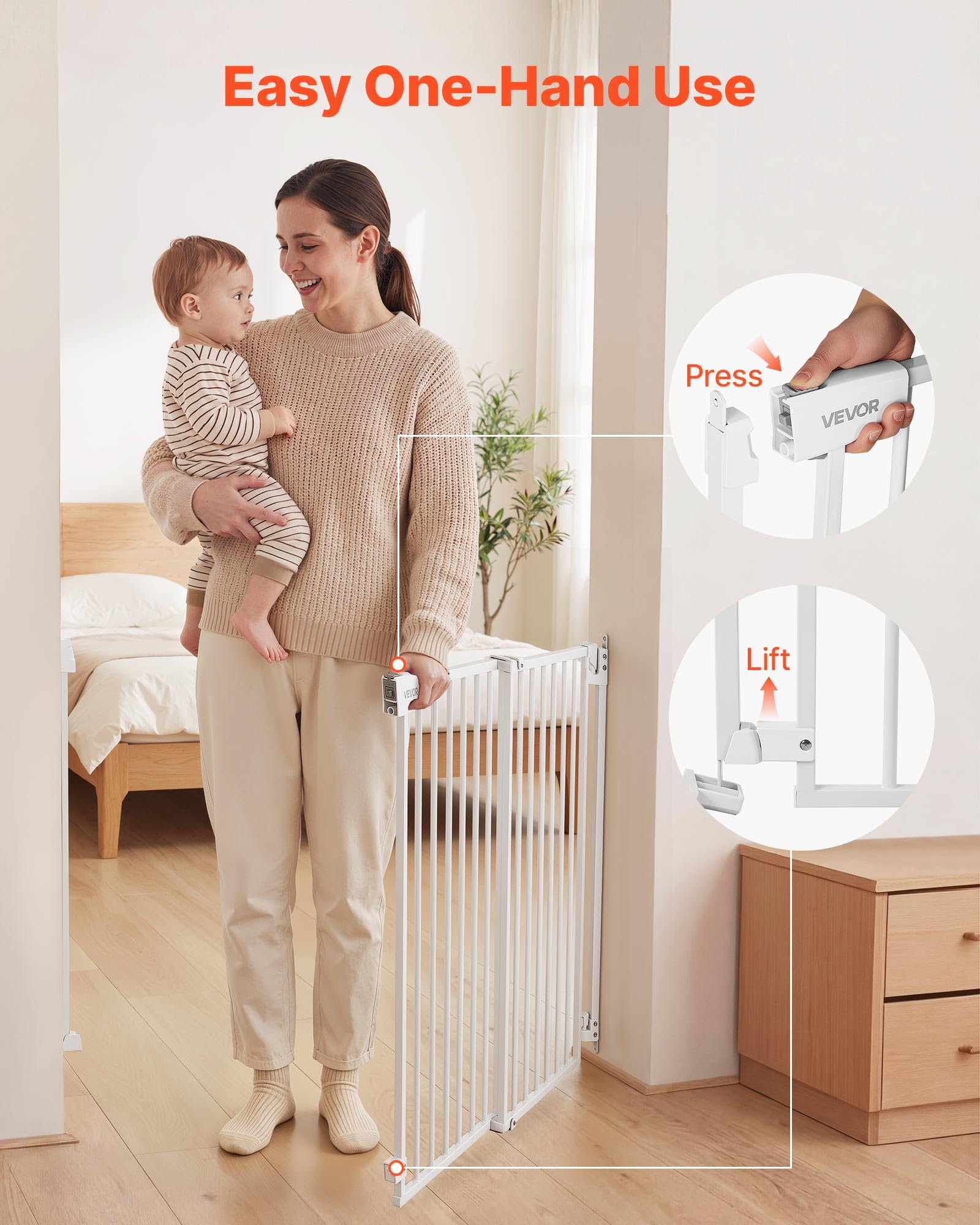 VEVOR Barrera de Seguridad para Niños, 920 mm x 720-1085 mm, Valla de Seguridad Infantil para Gatos y Perros, con Doble Bloqueo Cierre Automático, Apertura de Una Mano, para Escaleras Hogar, Blanco