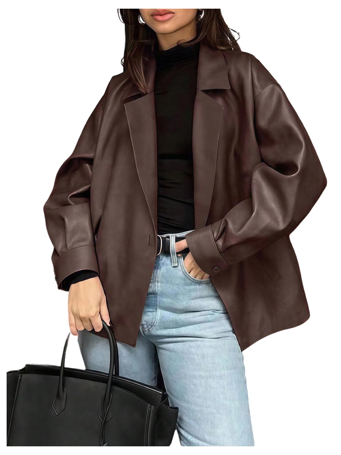 SHENHE Womens Faux Leather Lapel Collar Blazer Open Front Oversized Business Work Jacket Blazer