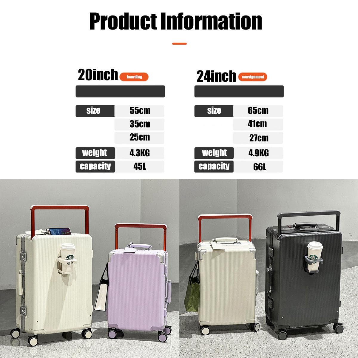 BEITH Bagaż Hardside, BS849 aluminiowa rama walizka z uchwytem na kubek, szeroki drążek do wiązania, zamek celny TSA, obudowa PC, podwójne kółka obrotowe 360°, miękki uchwyt, wodoodporna, Biały, 50,8