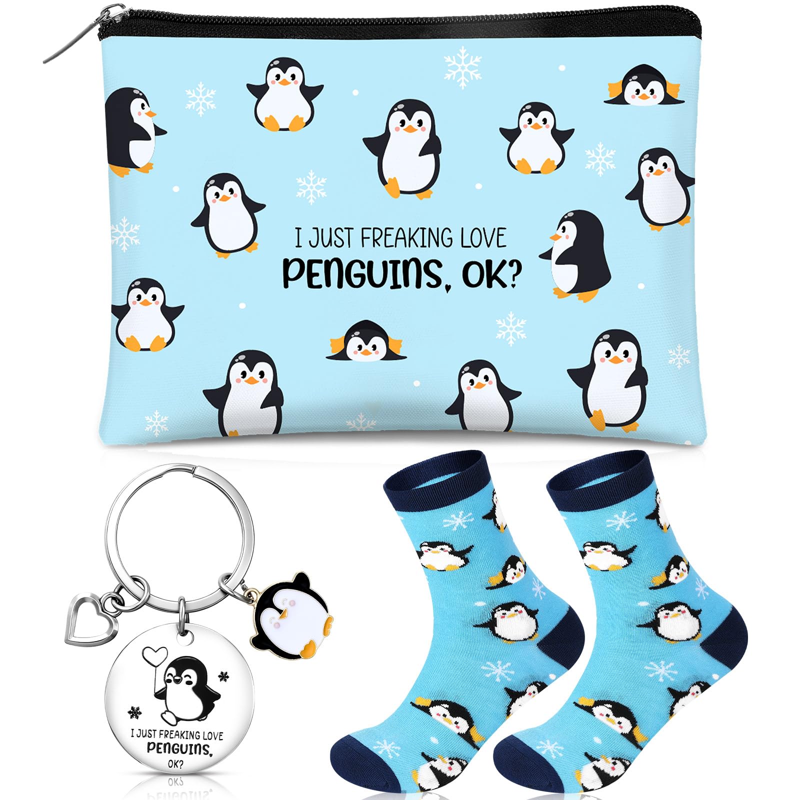 Hestya 3 Pcs Penguin Gifts Set for Women Lovers Makeup Bags Socks Keychain Inspirational Cute Penguin Stuff Christmas for Penguins Lovers Friends Girlfriend
