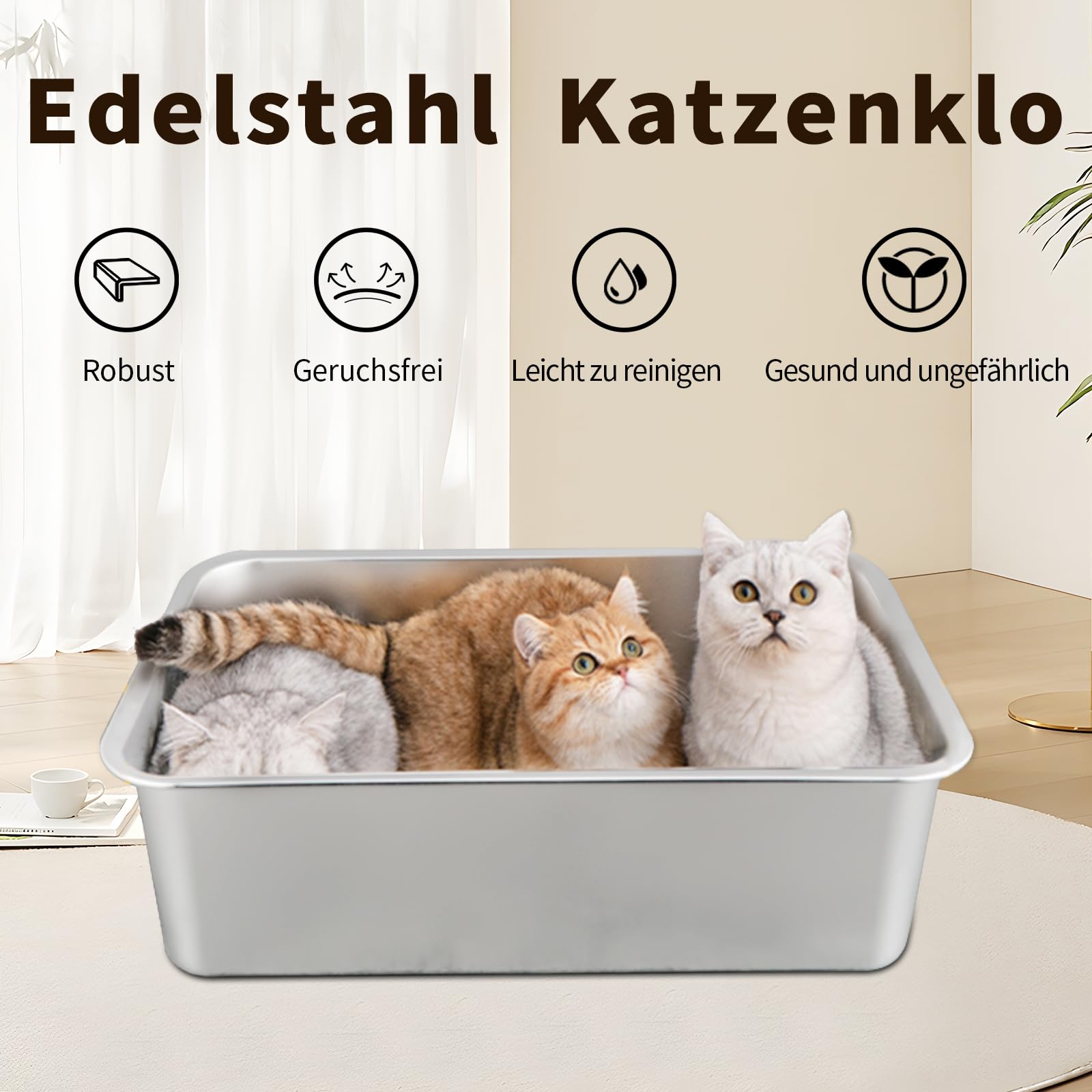 HOUSLUX Lettiera XXL per gatti, 50 x 35 x 15 cm, grande capacità per una facile pulizia (acciaio inox, 50 x 35 x 15 cm)